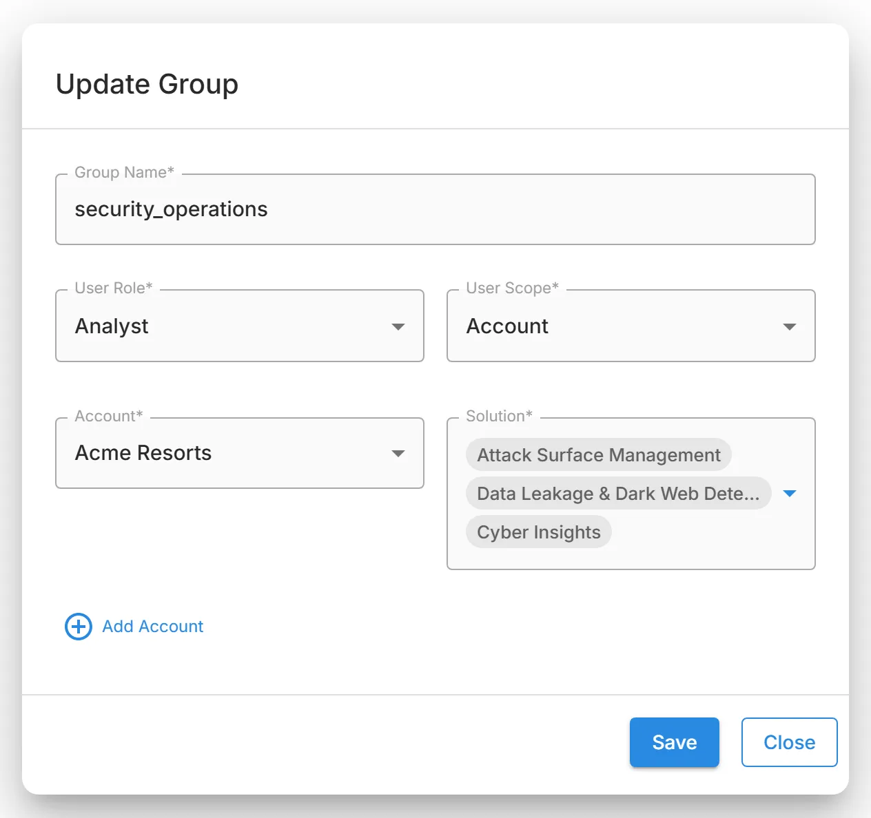 The "Update Group" dialog of a group with "Account" scope, with its current role, account, and solutions.