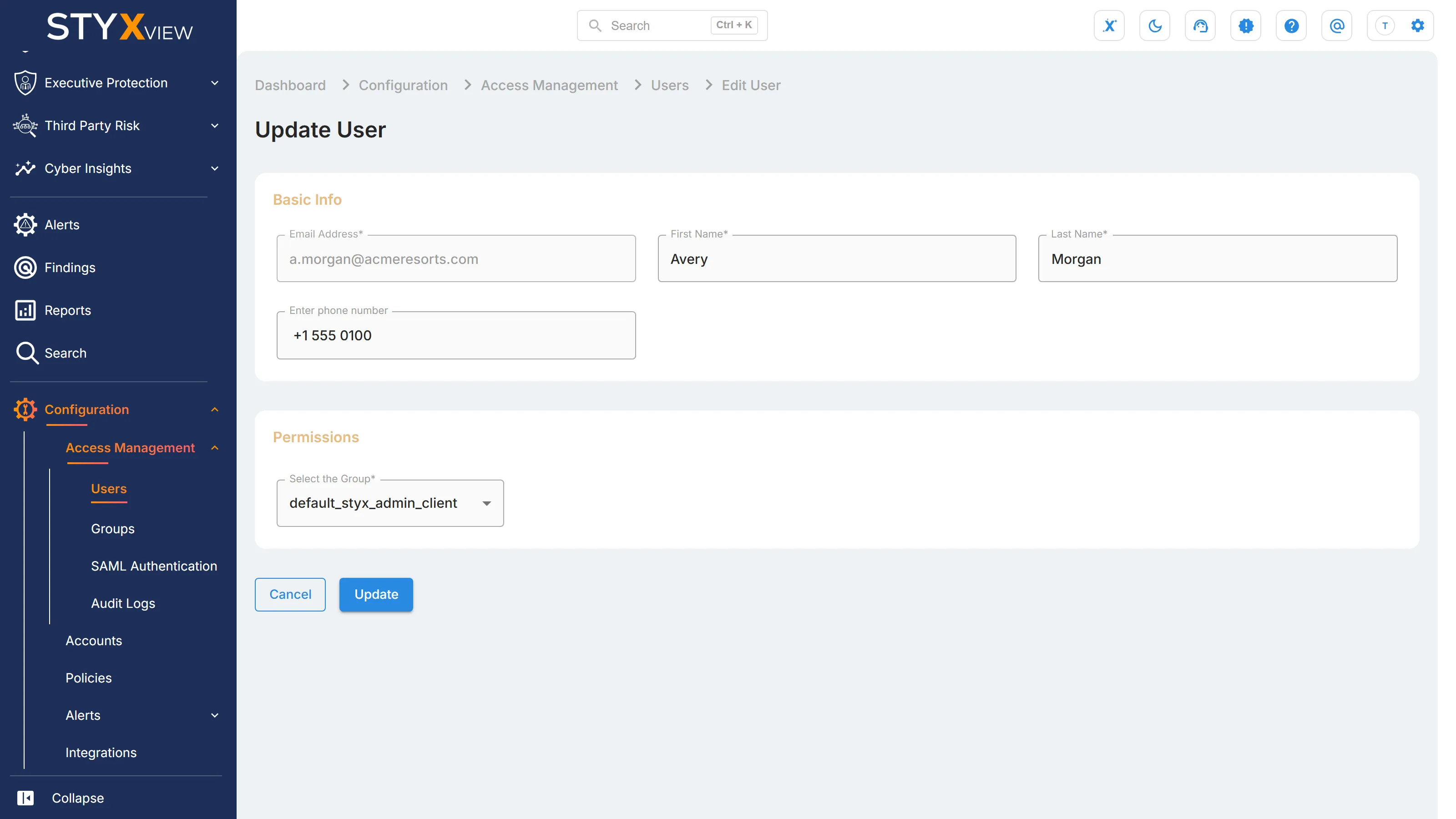 The "Update User" page, with a user's current details filled in and the "Email Address" field locked.