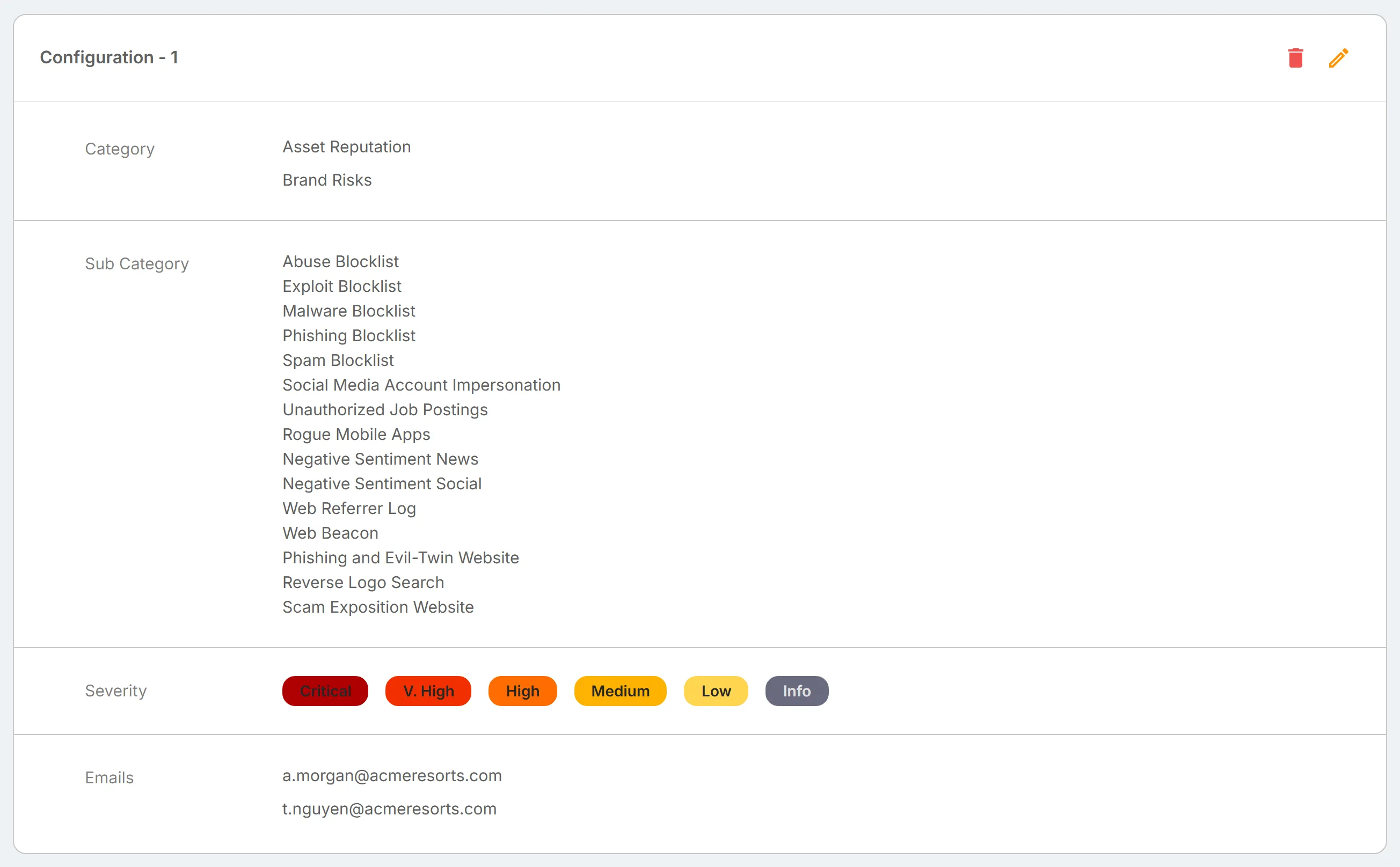 A subscription card, "Configuration - 1", with its delete and pencil icons at the top right.
