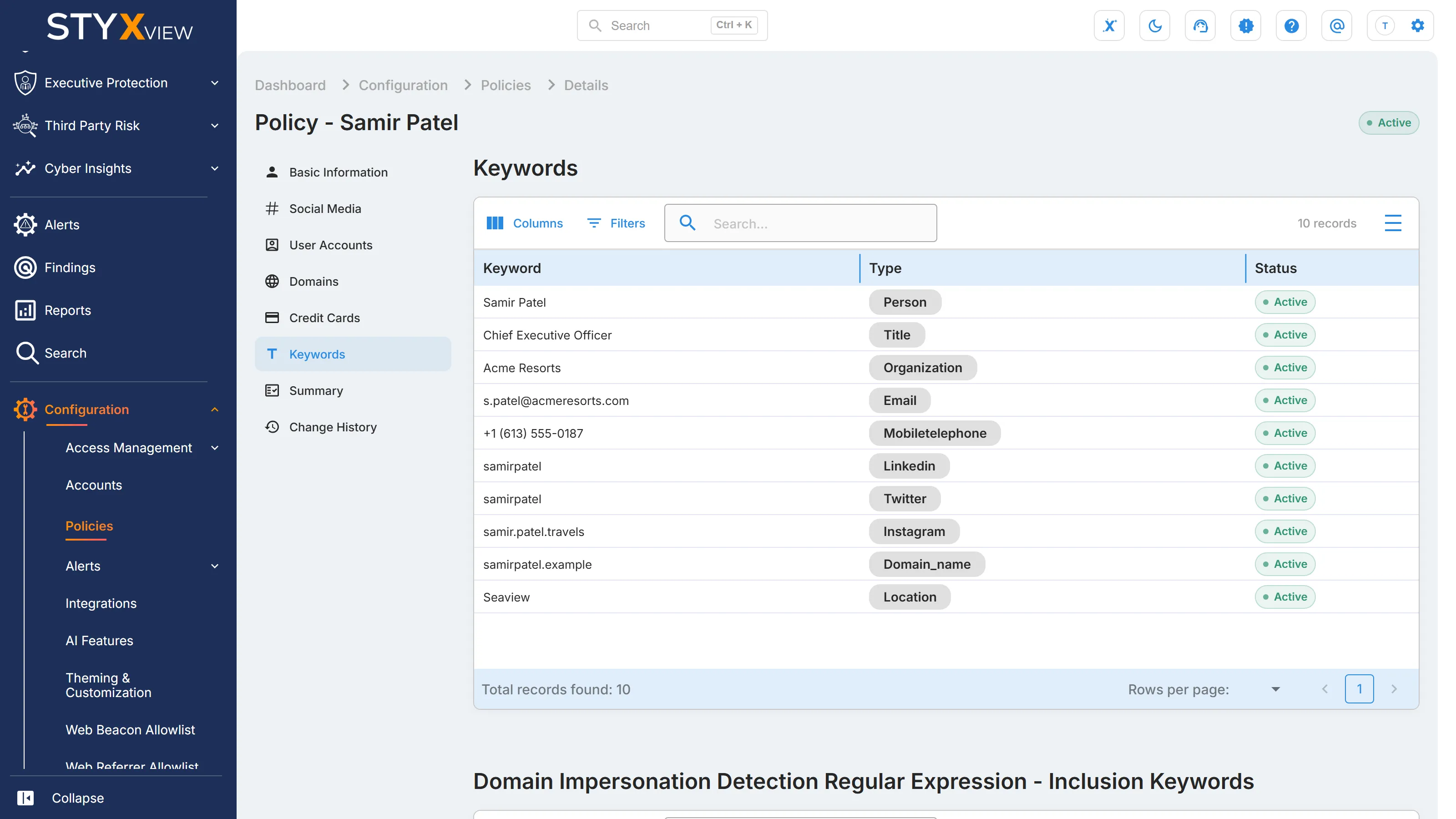 The "Keywords" section of an Executive Protection policy, with the keywords StyxView generated from the details on the policy.
