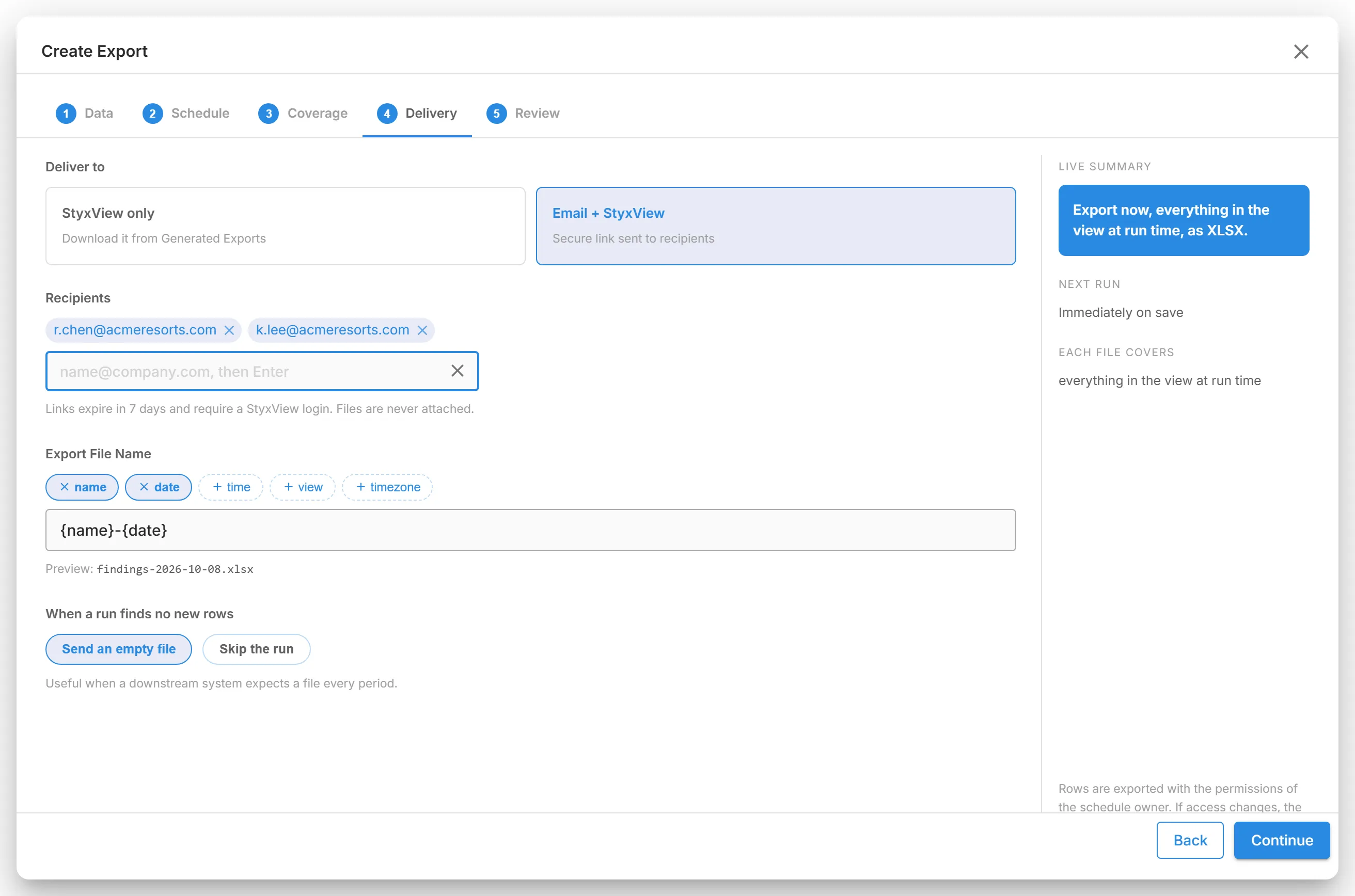 The "Delivery" step of "Create Export" with "Email + StyxView" chosen, with "Recipients" and the "Export File Name" preview.