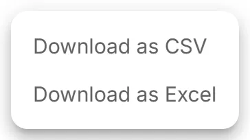 The Export menu on the "Lookalike Domains" tab, a table without the "Create Export" dialog, with "Download as CSV" and "Download as Excel".