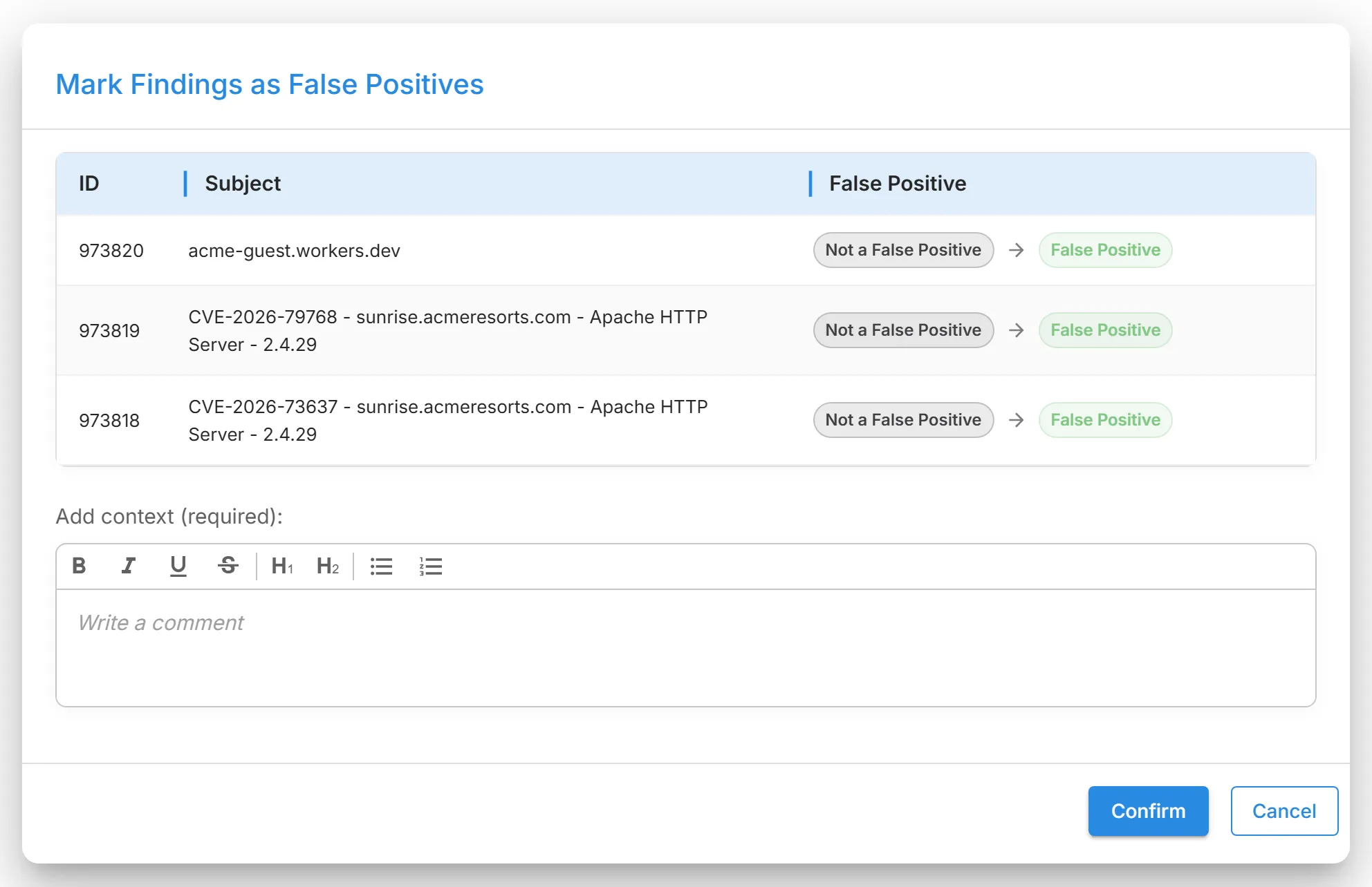 The "Mark Findings as False Positives" dialog for three selected findings, each moving from "Not a False Positive" to "False Positive", above the empty "Add context (required):" box.