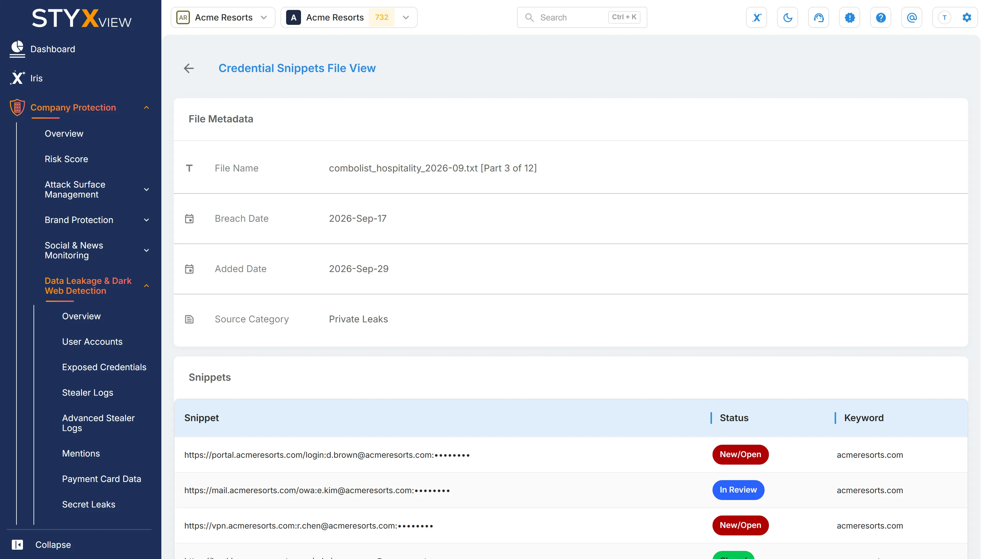 The "Credential Snippets File View" page of one leaked file, with its "File Metadata" card and the "Snippets" in the file that matched a keyword.