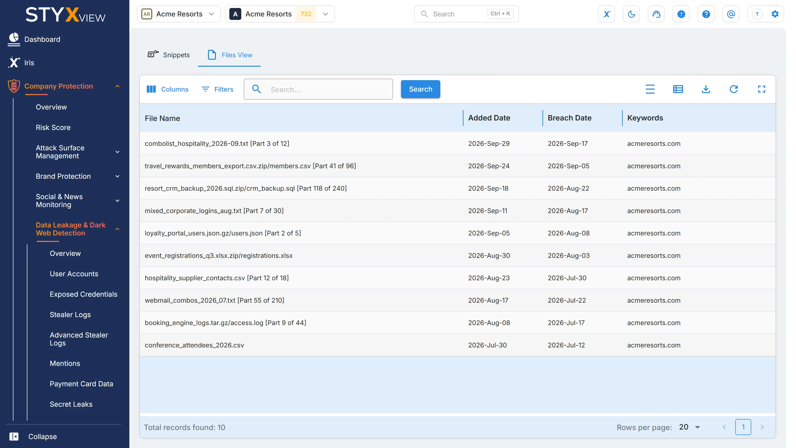 The "Files View" tab of "Exposed Credentials", listing each leaked file with its name, added date, breach date, and keywords.
