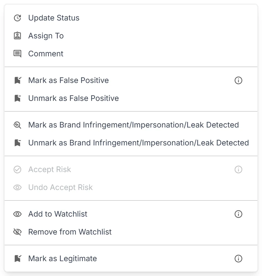 The "Actions" menu on the Findings page with one finding selected, from "Update Status" to "Mark as Legitimate".