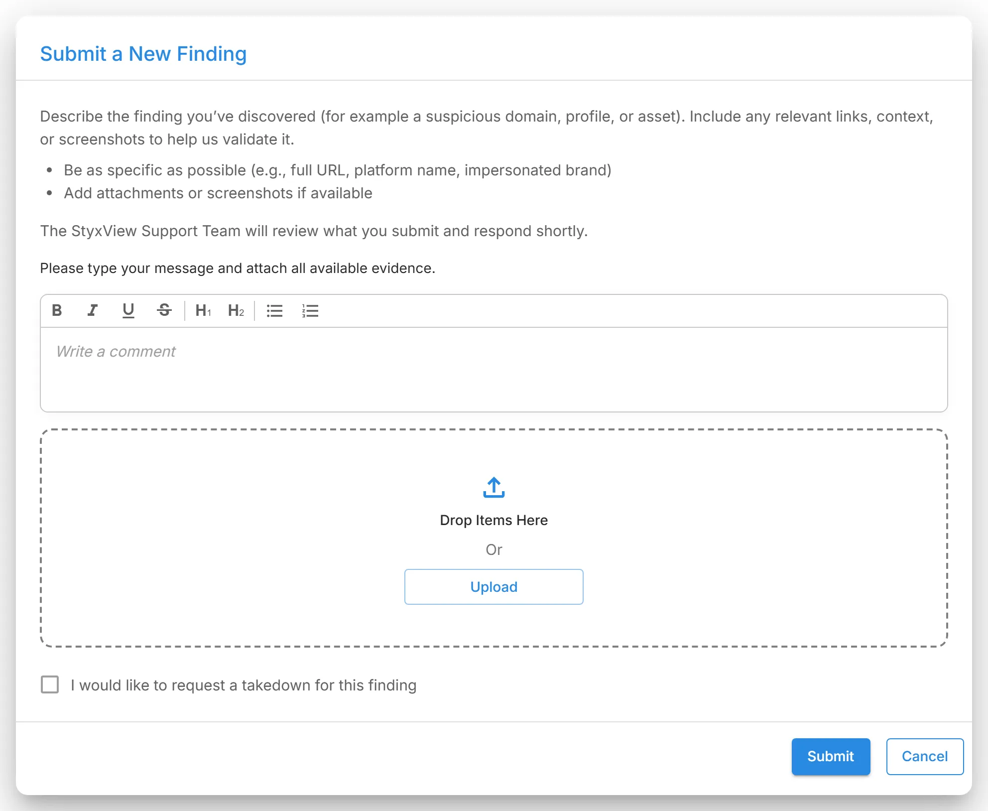 The "Submit a New Finding" dialog, with the box for your description and evidence, and the takedown request checkbox.
