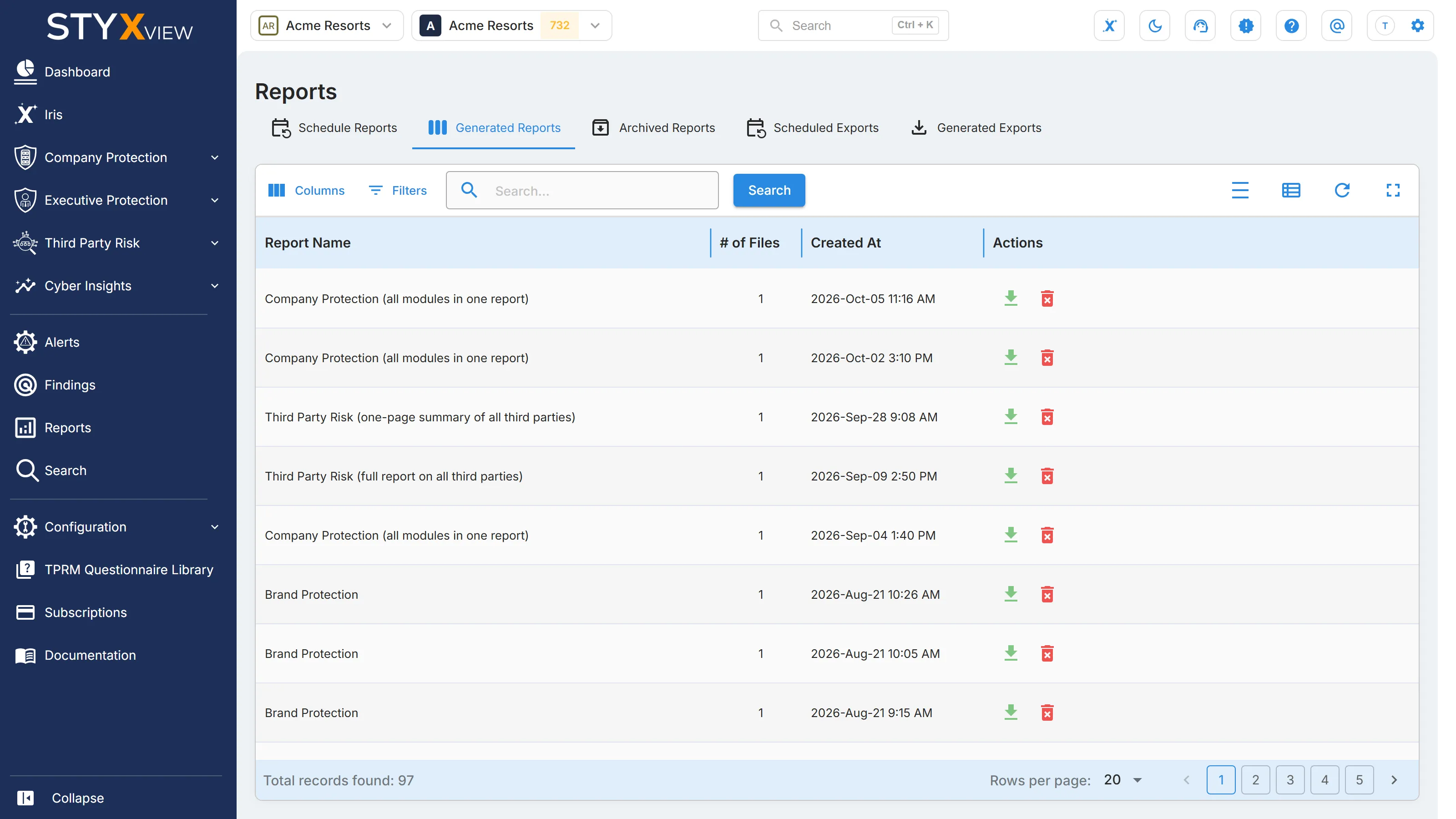 The "Generated Reports" tab, with each report that has run, its number of files, and its download and delete icons.
