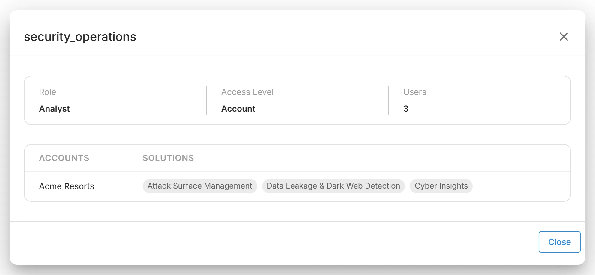 The details of a group with "Account" scope, with its role, access level, users, and the solutions it reaches in each account.