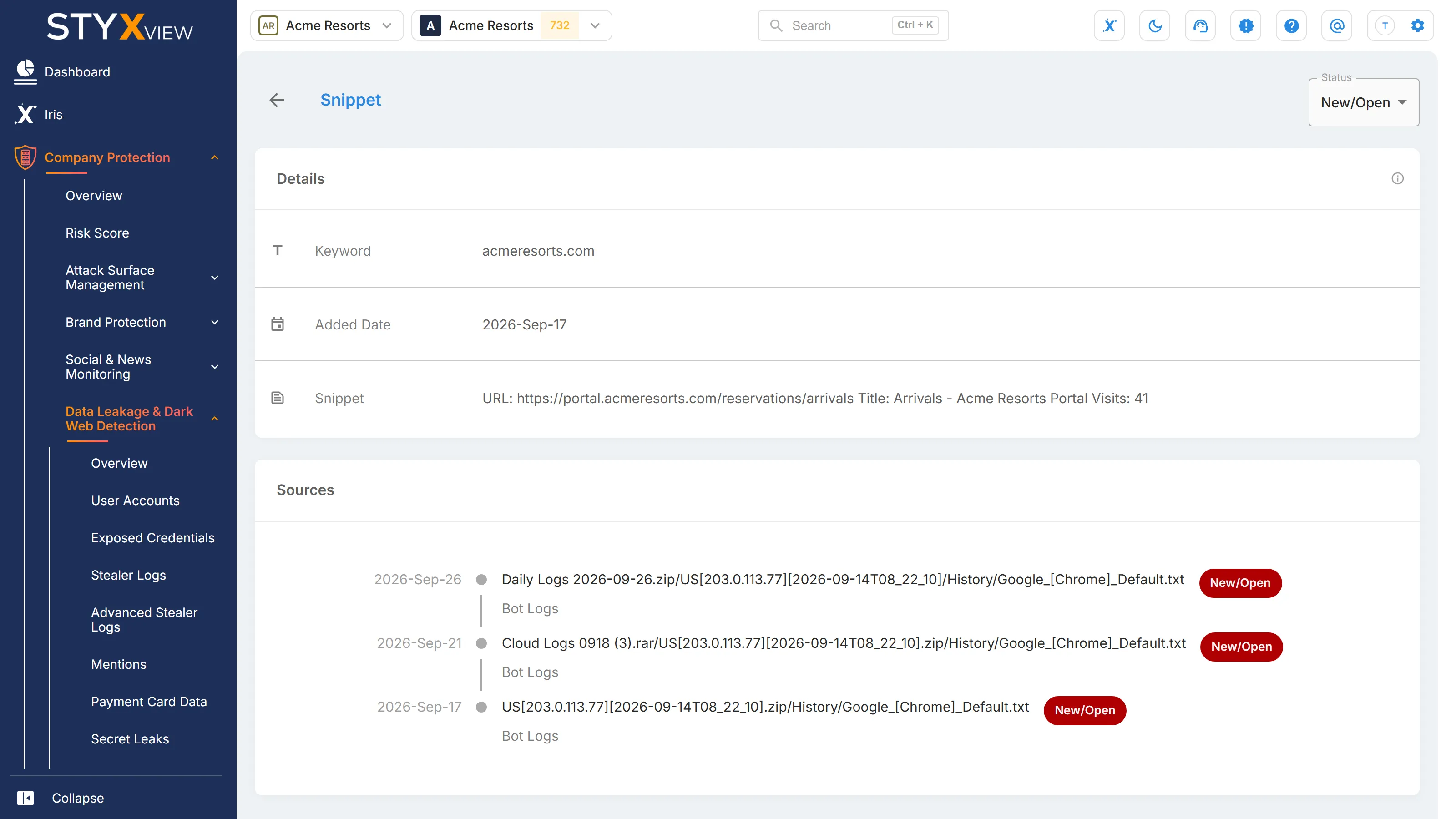 A "History" record from "Stealer Logs" on its own page, with the review "Status" list and the "Details" card showing the entry as found.