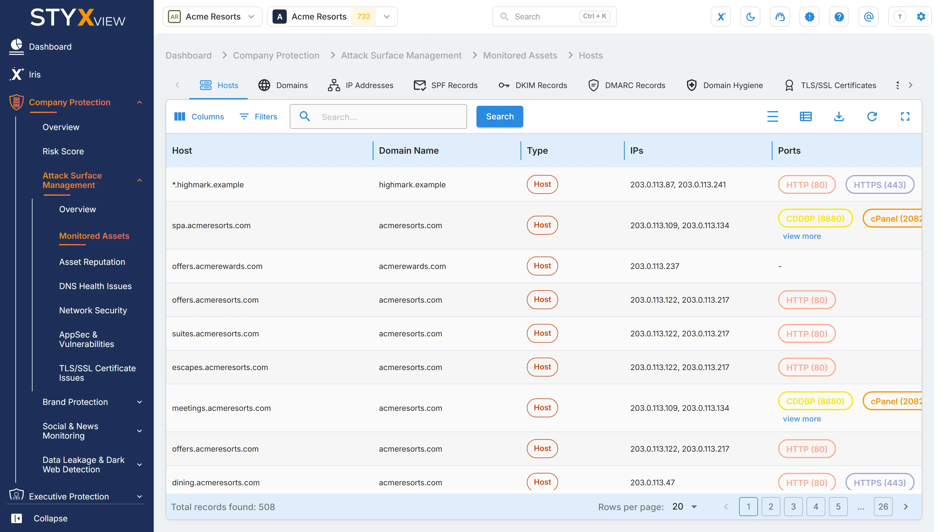 The "Hosts" tab, listing each host with its domain, type, IP addresses, ports, severity rating, and first and last seen dates.