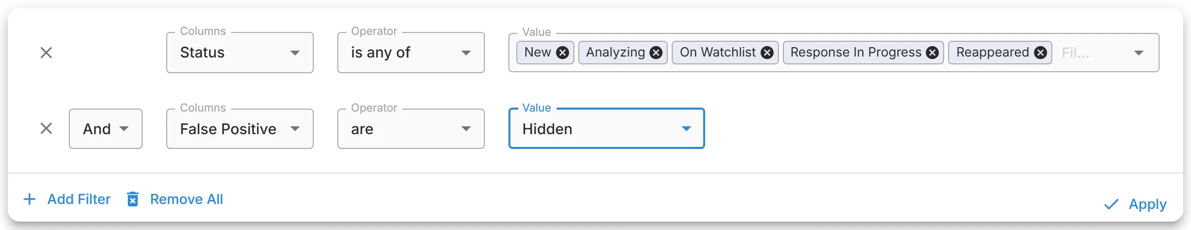 The "Filters" panel of the Findings table, with a column, an operator, and a value for each filter.