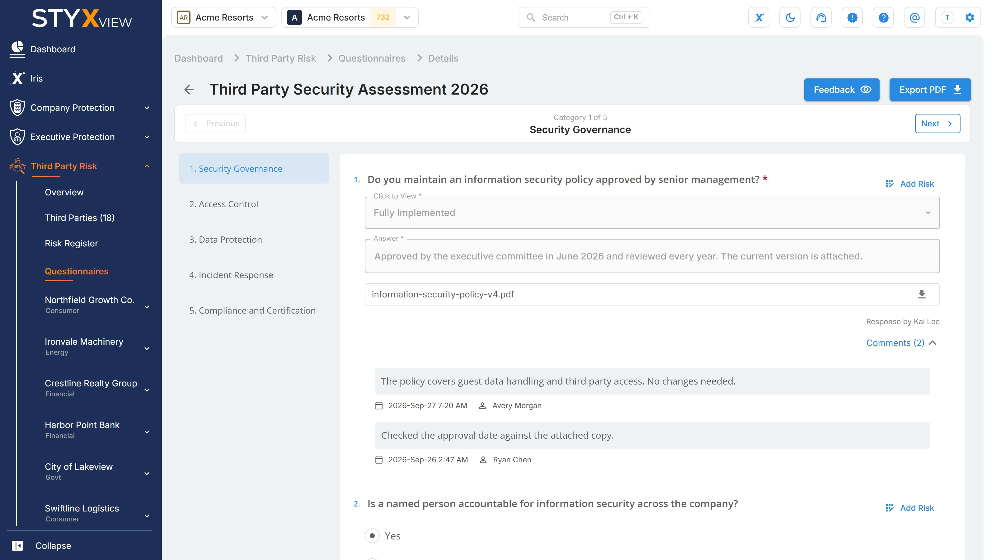 A questionnaire's response view, with the answers, an attached file, "Response by", and the comments on each question.