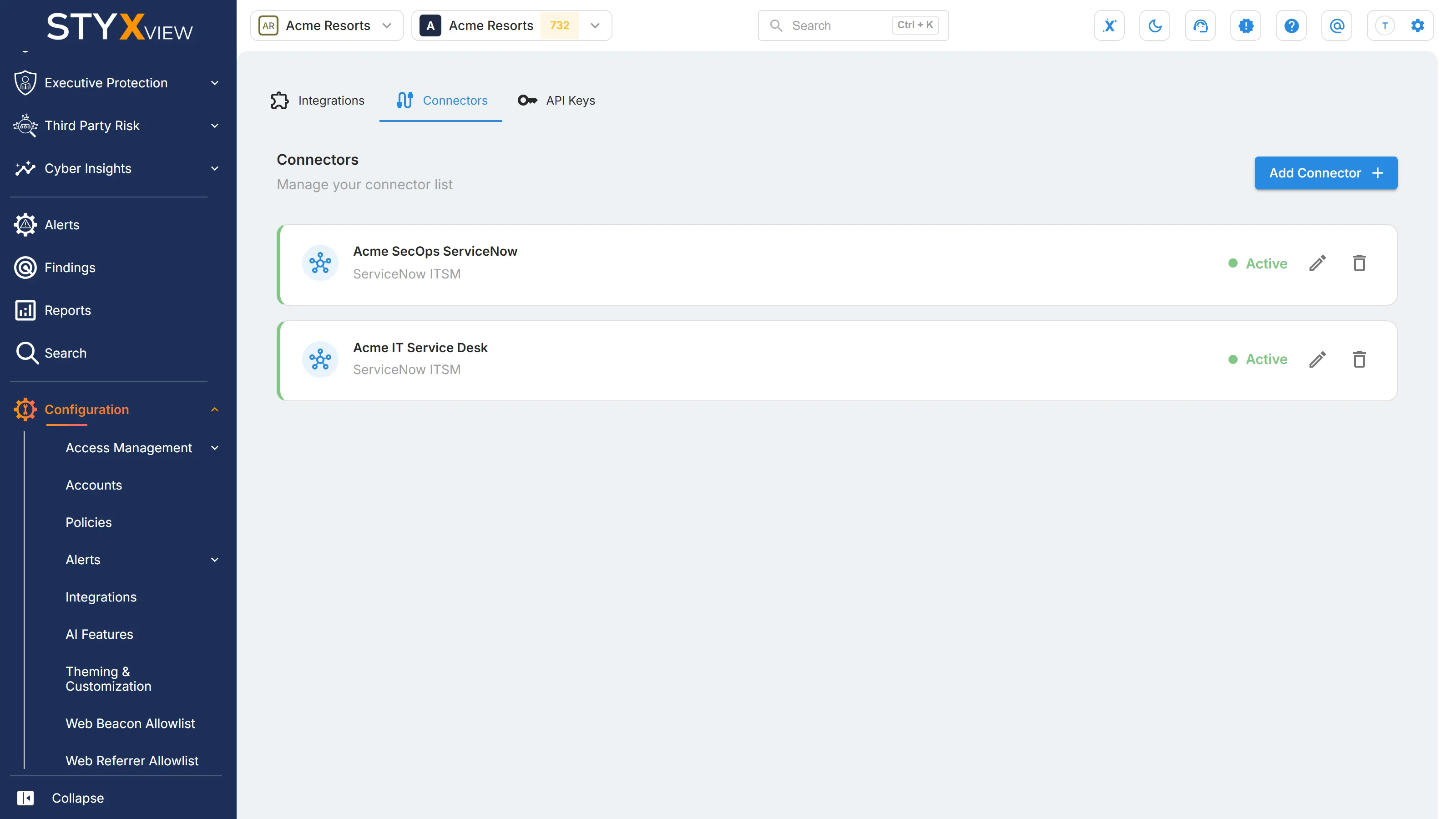 The "Connectors" tab of Integrations, with "Add Connector" and the tools connected to automate alert workflows.