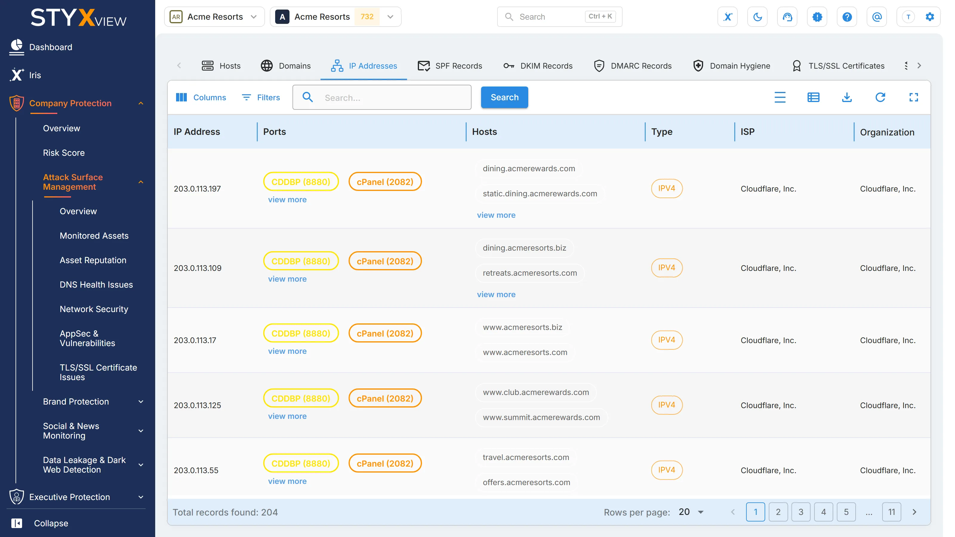 The "IP Addresses" tab, listing each address with its ports, hosts, type, ISP, and organization.