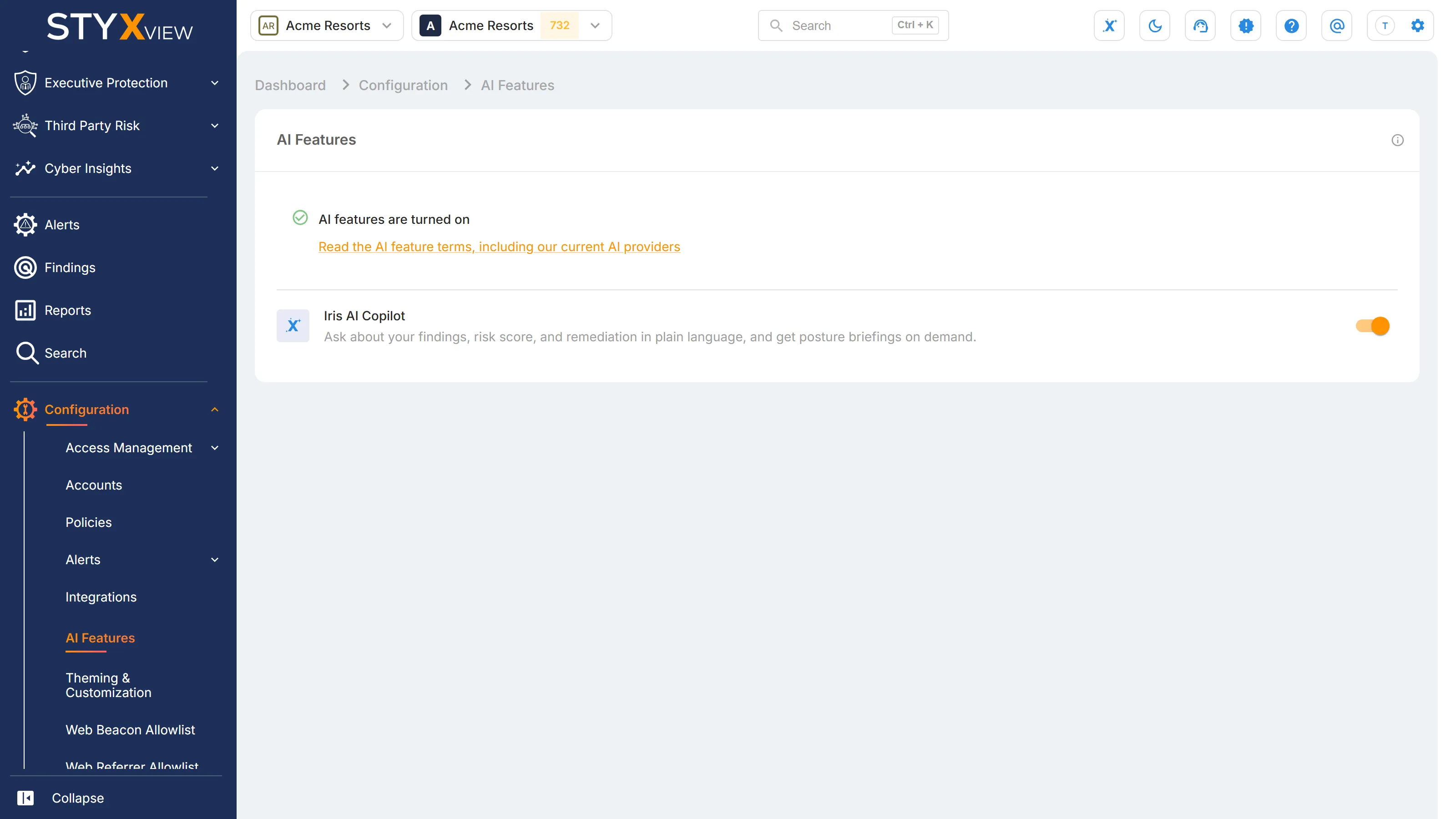 The "AI Features" page under "Configuration", with the "Iris AI Copilot" switch and whether AI features are turned on.