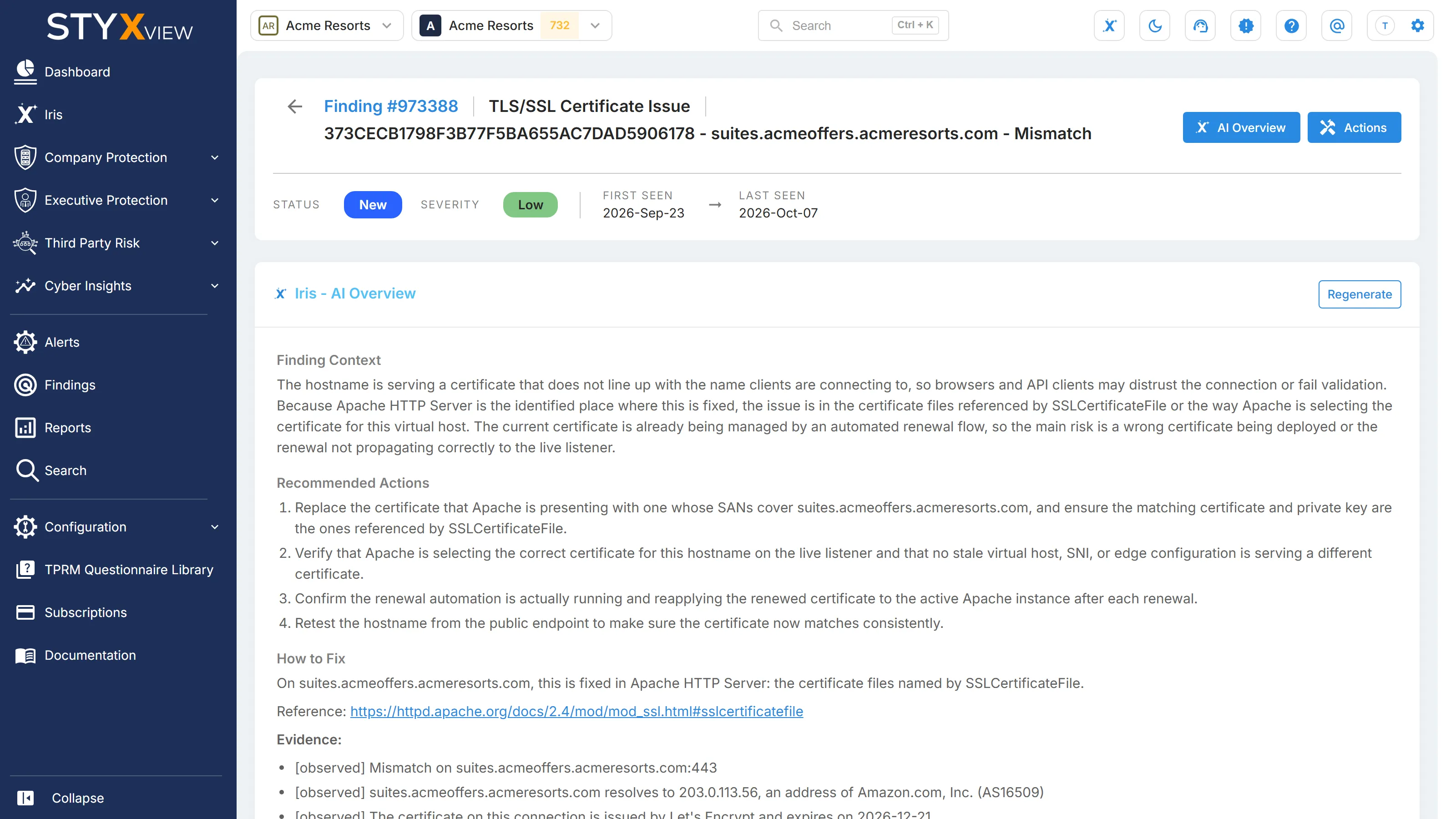 A finding page with the "Iris - AI Overview" panel open below the summary, with "Finding Context" and "Recommended Actions".