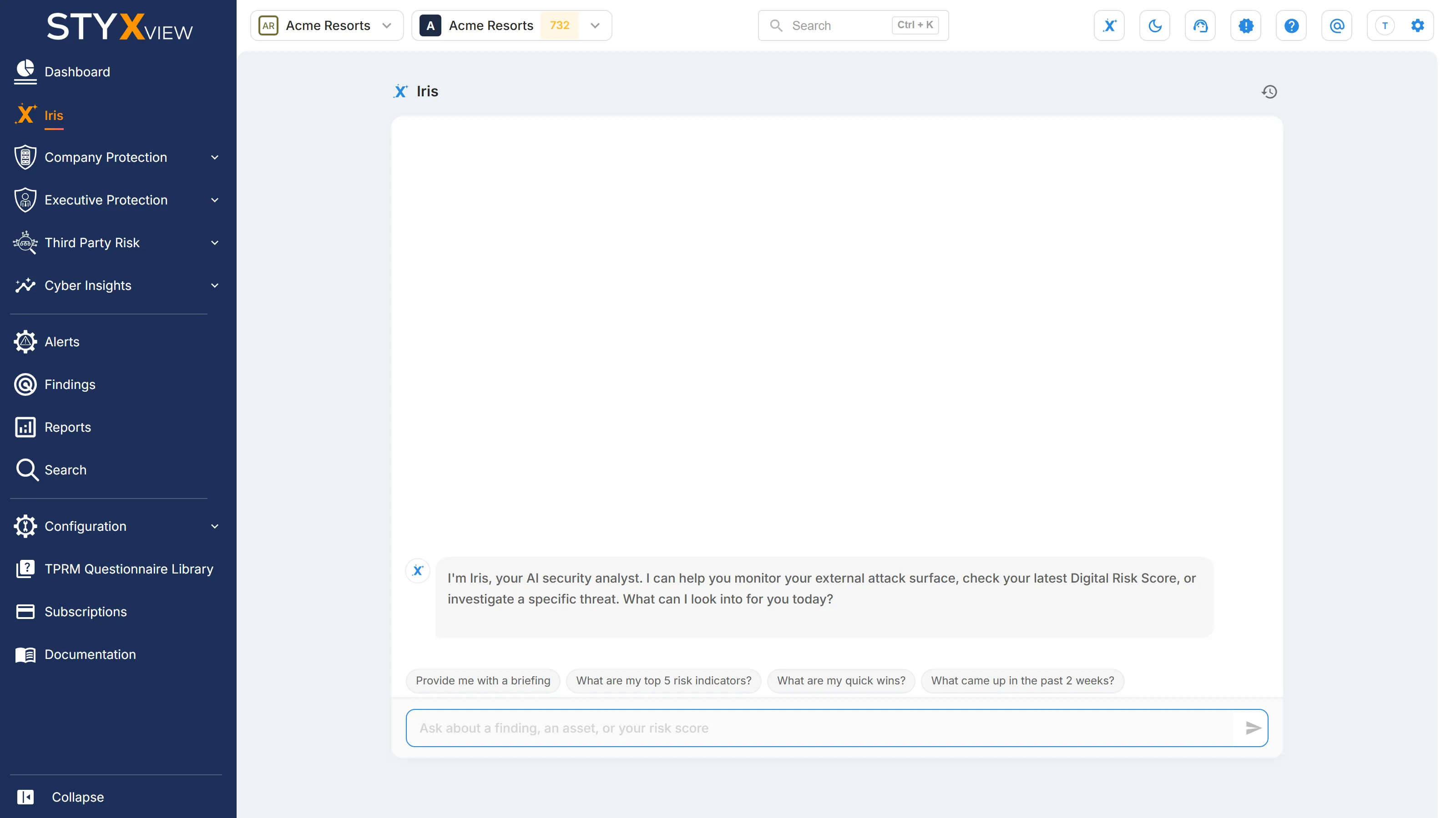 The "Iris" page, with a new conversation, the four suggested prompts, and the question box.