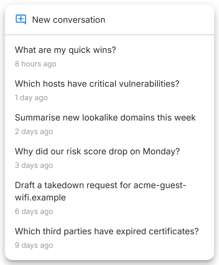 The "Past conversations" menu on the Iris page, with "New conversation" above the earlier conversations you can reopen.