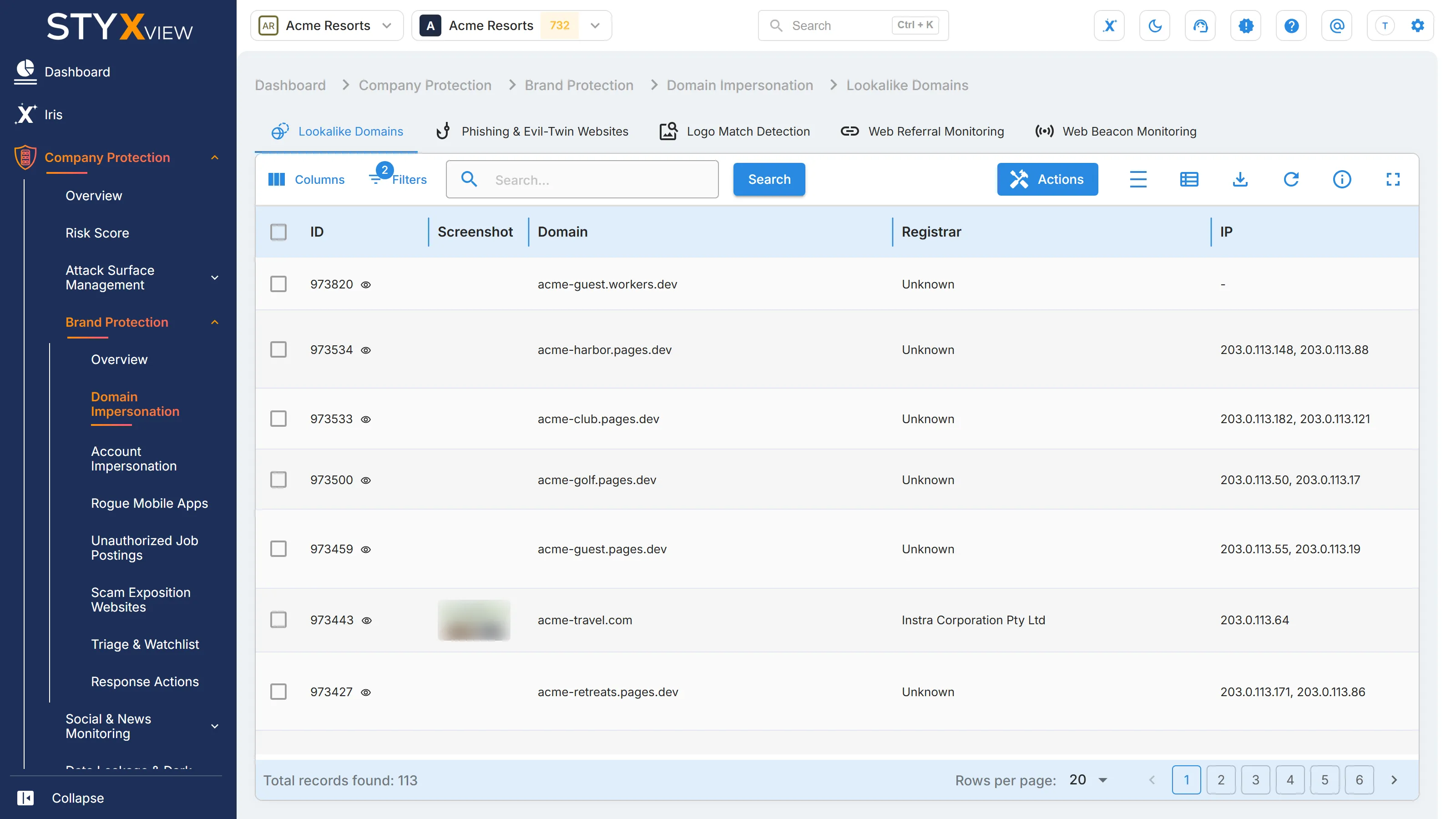 The "Lookalike Domains" tab of "Domain Impersonation", listing each lookalike domain with its registrar, its IP addresses, and a screenshot where one was captured.
