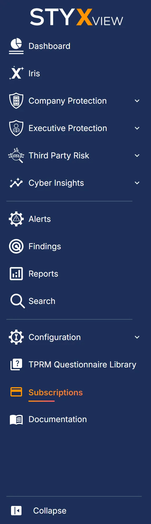 The sidebar of StyxView with "Subscriptions" selected, a top-level item for users with the Admin role.