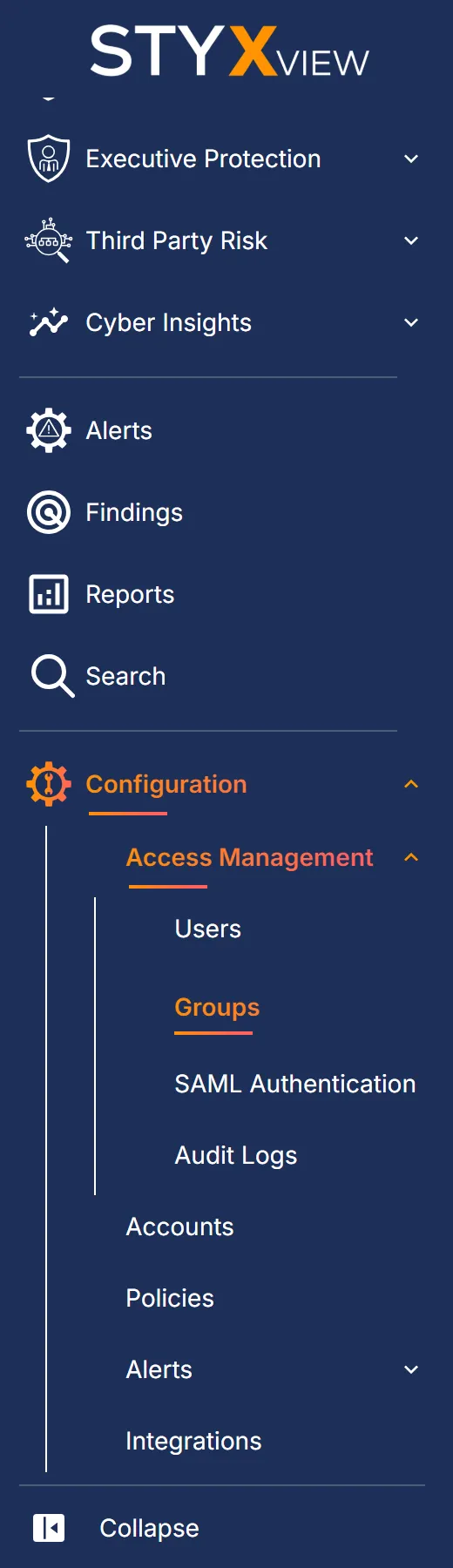 The sidebar with "Configuration" and "Access Management" expanded and "Groups" selected under them.
