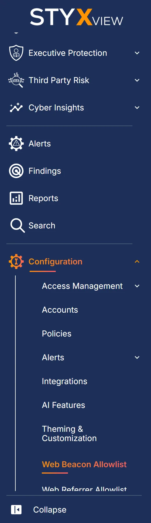 The sidebar with "Configuration" expanded and "Web Beacon Allowlist" selected.