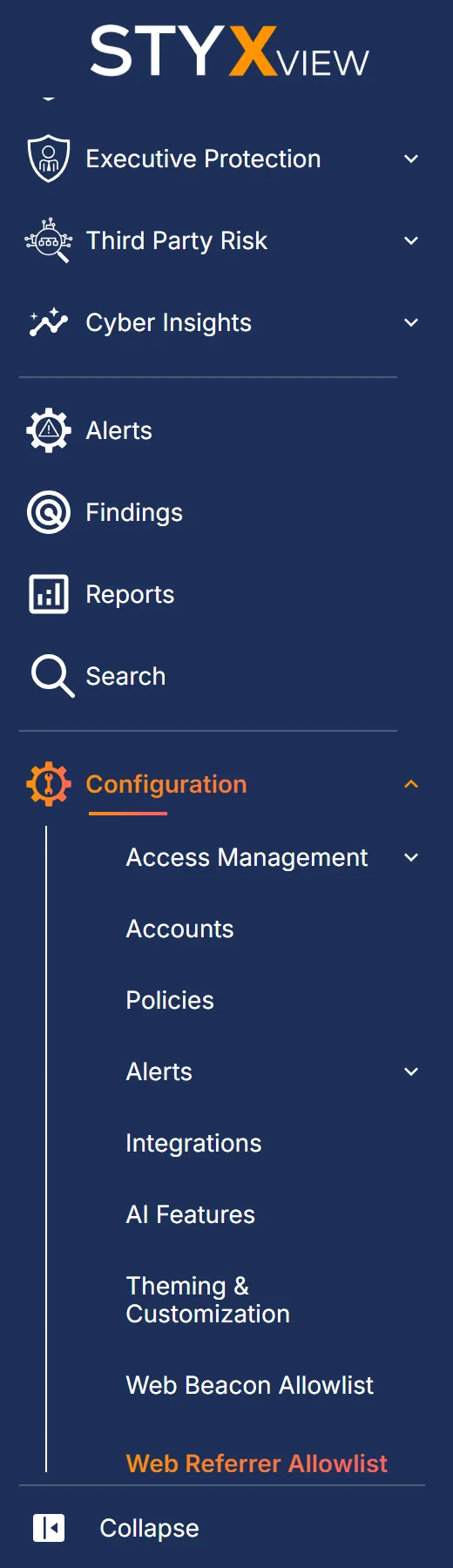 The sidebar with "Configuration" expanded and "Web Referrer Allowlist" selected.