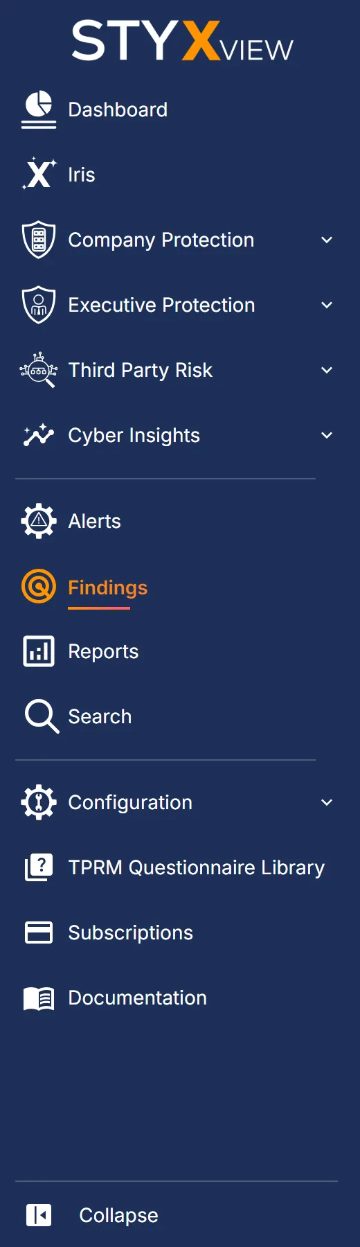The sidebar of StyxView with "Findings" selected, a top-level item below "Alerts".