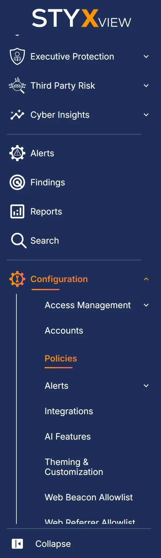 The sidebar with the "Configuration" menu expanded and "Policies" selected under it.