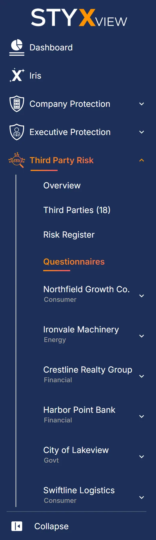 The sidebar with "Third Party Risk" expanded and "Questionnaires" selected, which opens on the "Sent Questionnaires" tab.