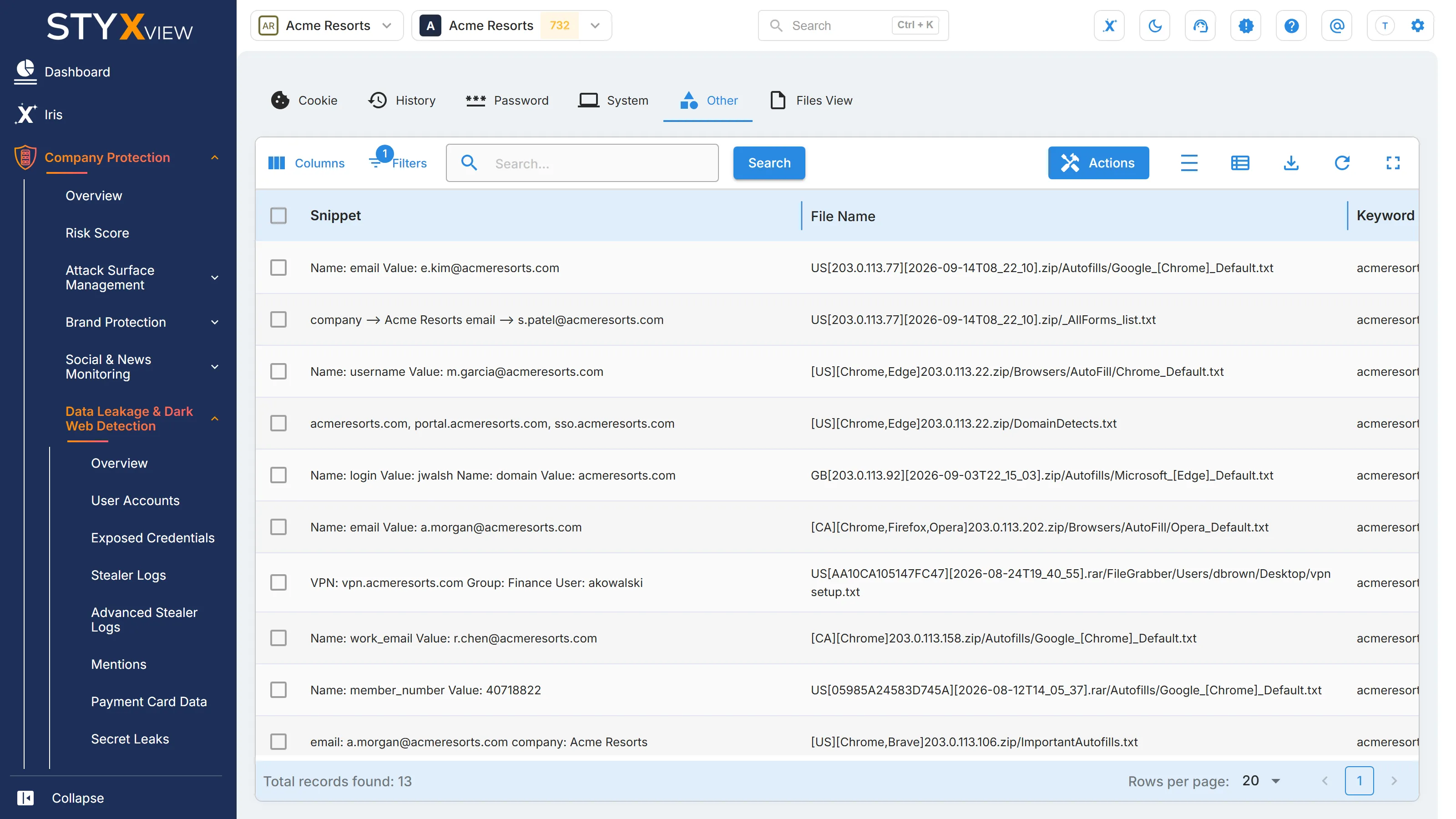 The "Other" tab of "Stealer Logs", listing records such as autofill data as found, with the stealer log file each came from.