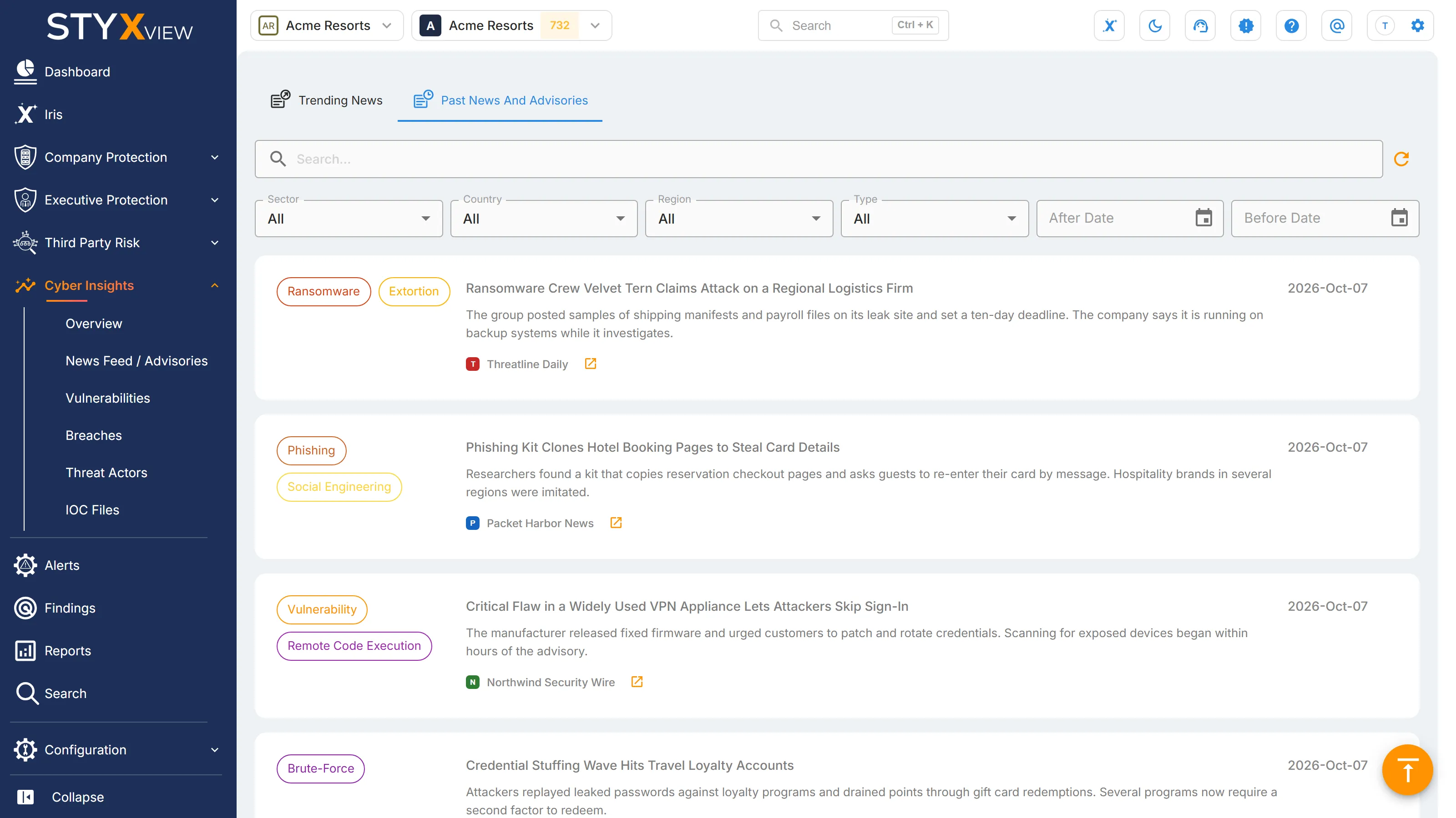 The "Past News And Advisories" tab, with the search box, the "Sector", "Country", "Region", and "Type" filters, the date fields, and article cards.