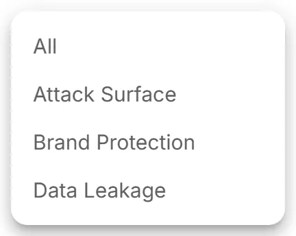 The menu at the top right of a Company Protection policy, open on "All", "Attack Surface", "Brand Protection", and "Data Leakage".