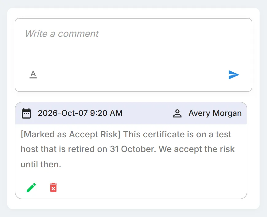 The comments on a finding, where an accepted risk is recorded as a comment that names the action, followed by the context entered.
