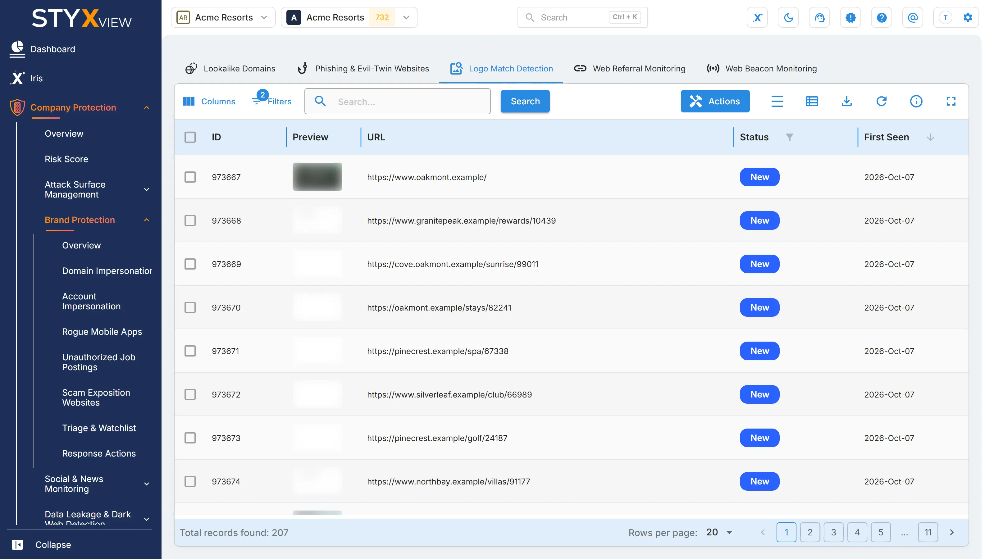The "Logo Match Detection" tab of "Domain Impersonation", with each match's "ID", "Preview", "URL", "Status", and "First Seen".