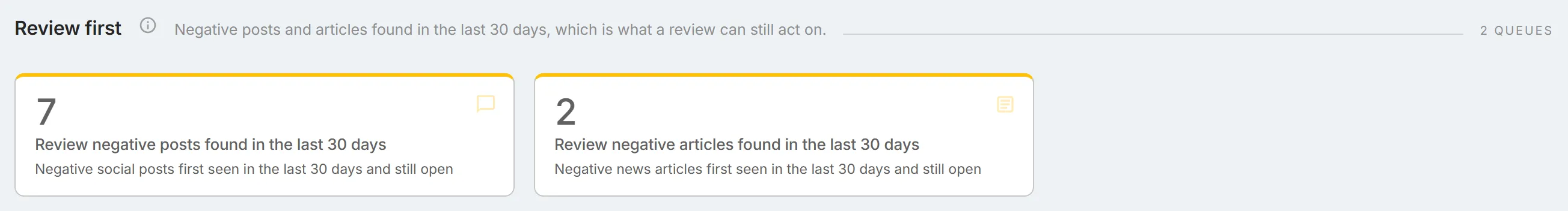 The "Review first" section, with the counts of negative posts and negative articles found in the last 30 days.