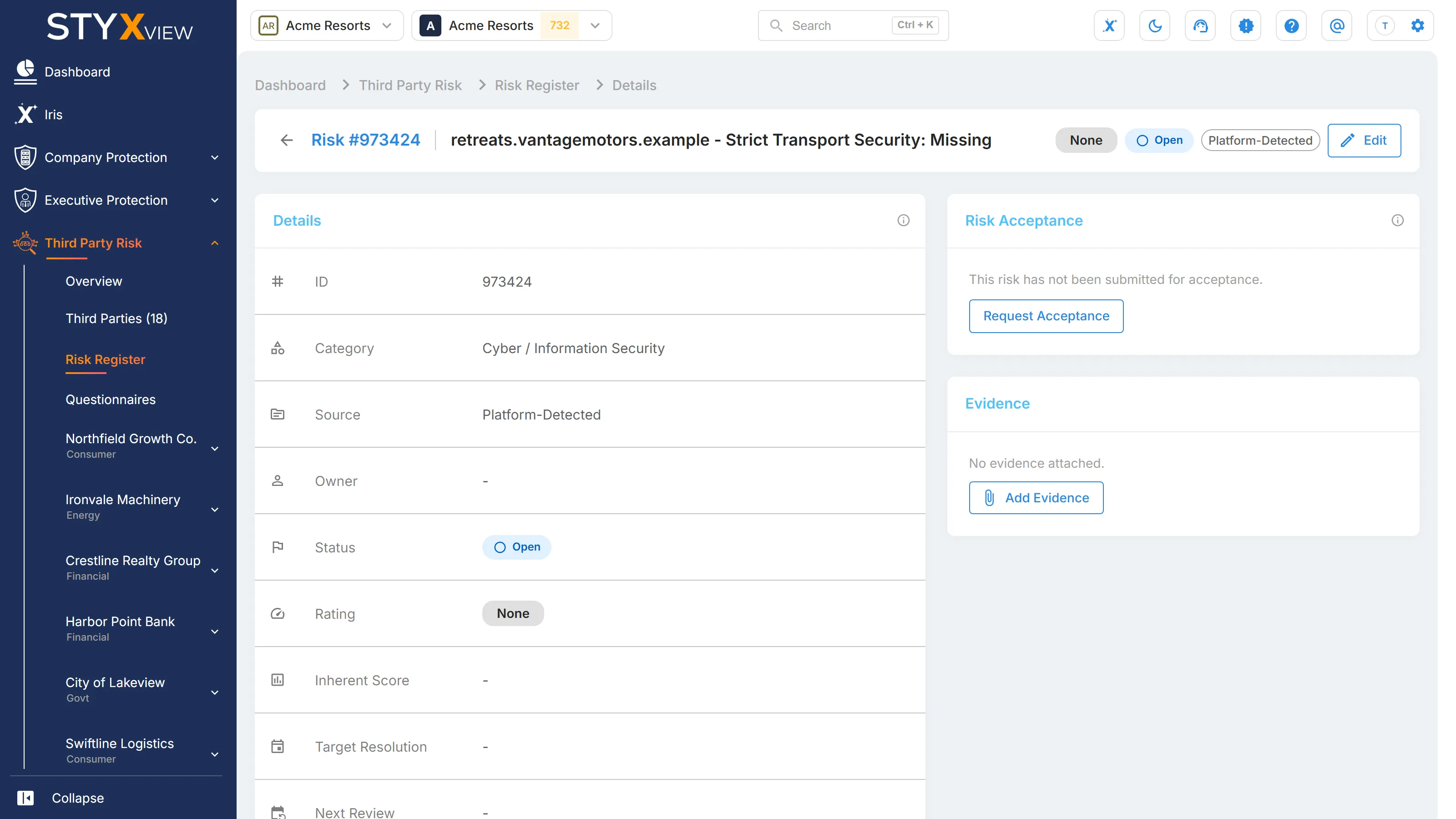 A risk's page, with its "Details", the "Risk Acceptance" panel with "Request Acceptance", and the "Evidence" panel.