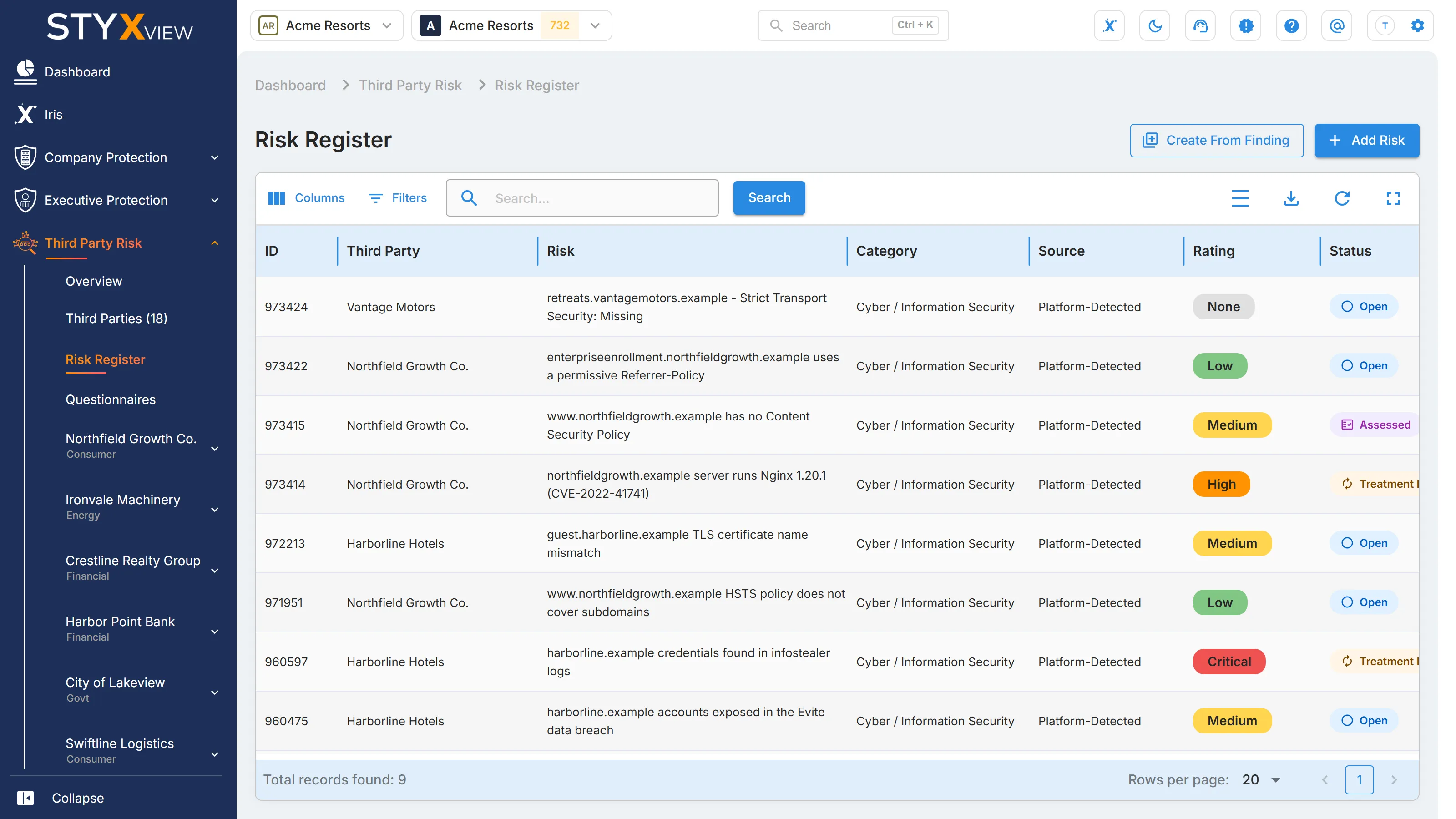 The "Risk Register" for all third parties, listing each risk with its third party, category, source, rating, status, owner, and target date.