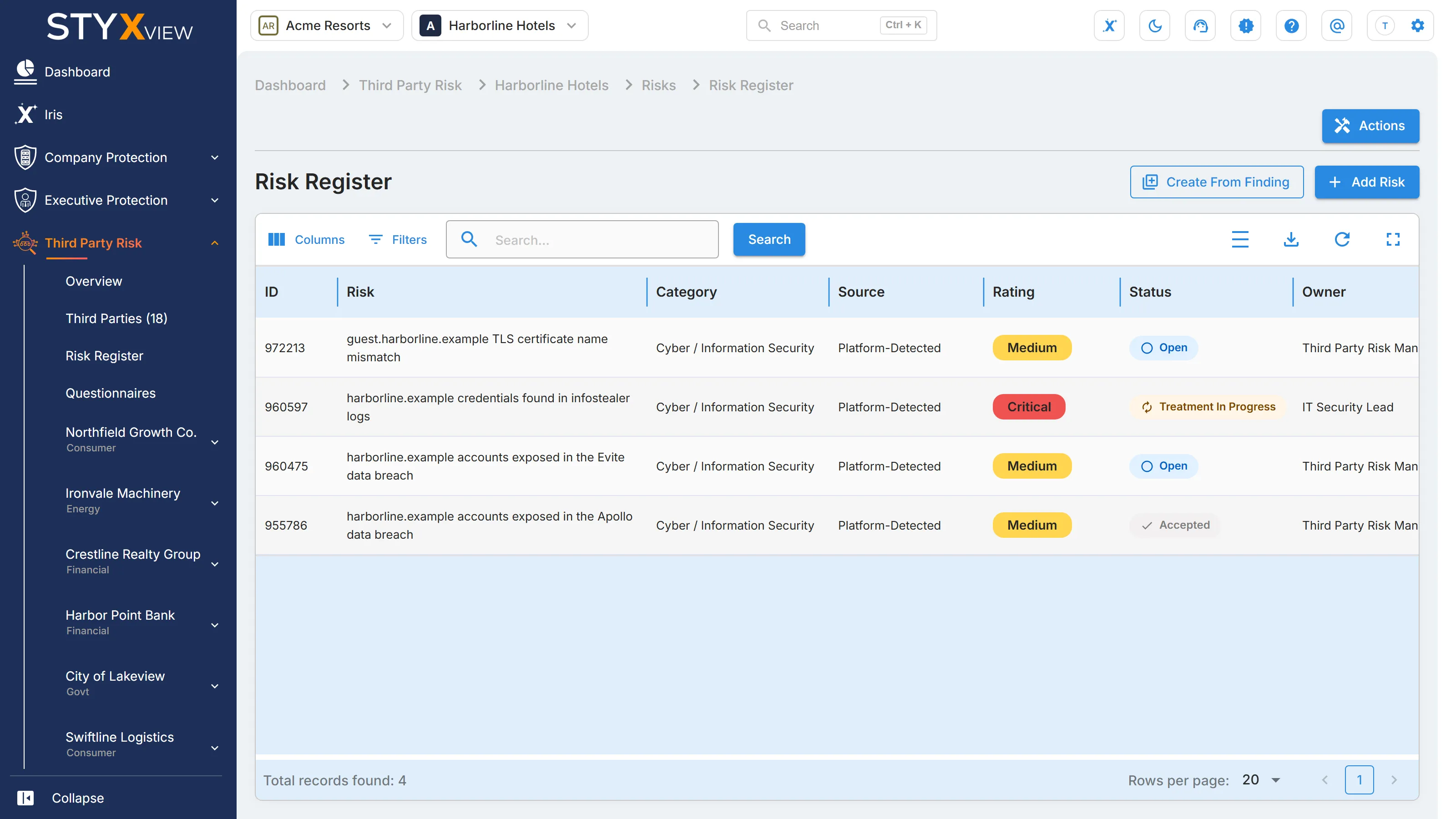 The "Risk Register" for one third party, opened from "Risks" in its sidebar entry, with "Create from Finding" and "Add Risk".