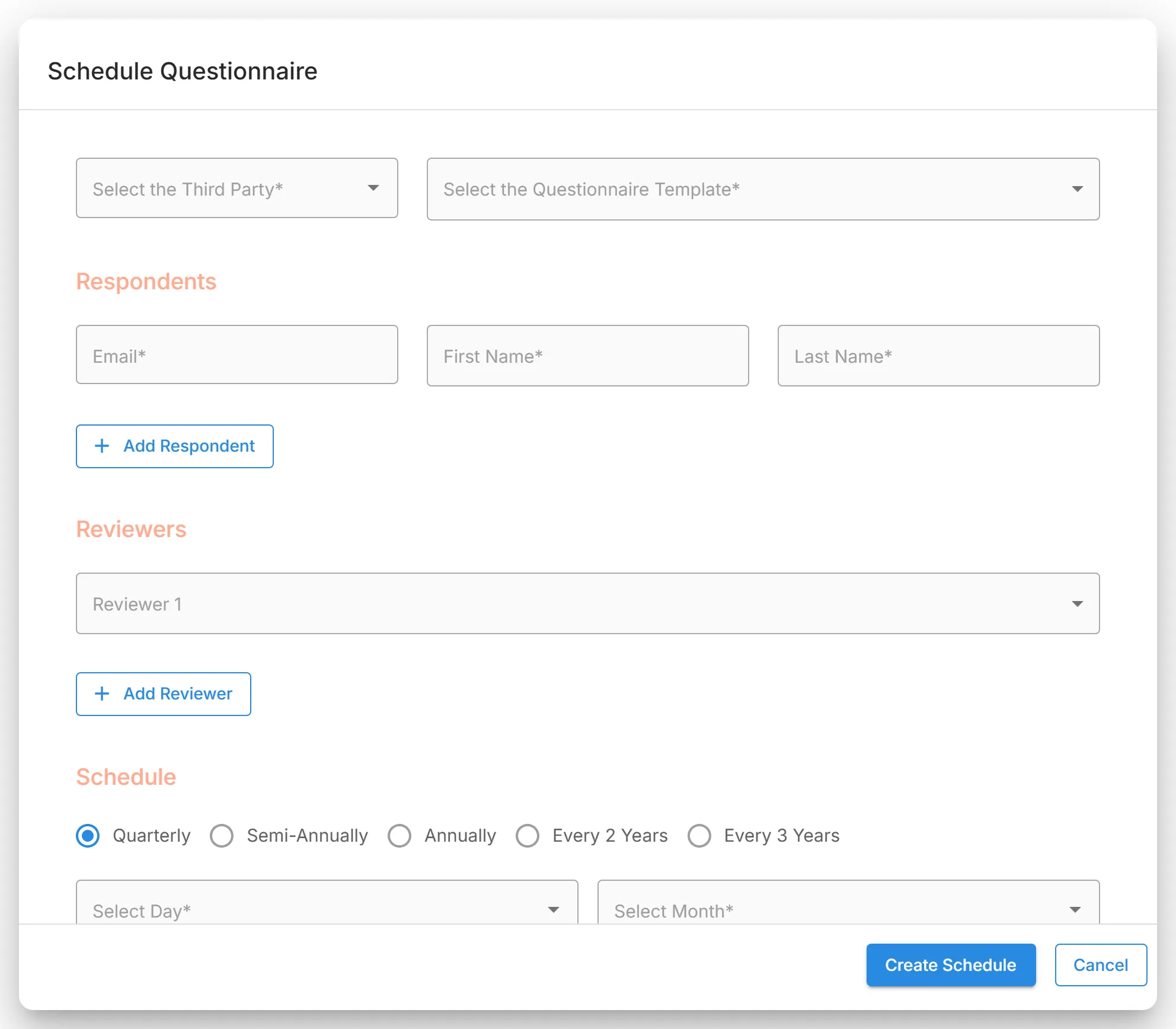 The "Schedule Questionnaire" dialog, with the third party, template, respondents, reviewers, and the "Schedule" setting.