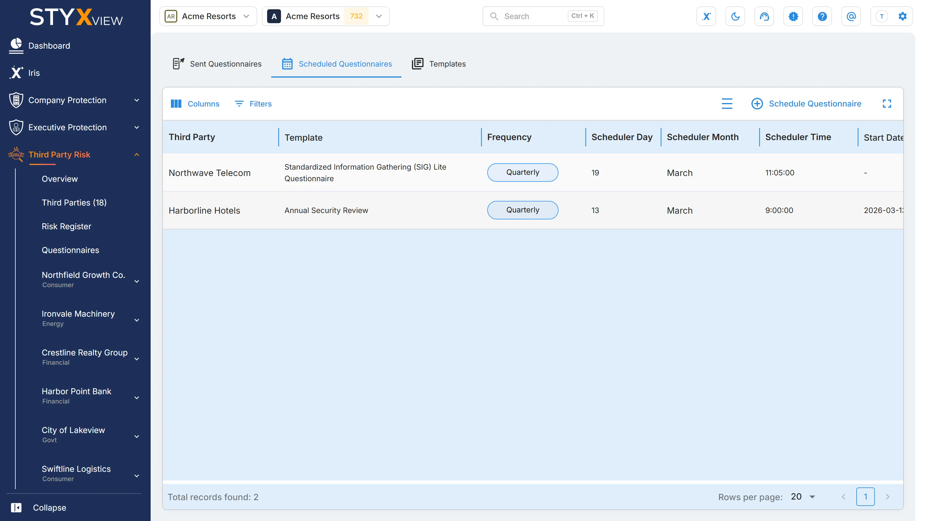 The "Scheduled Questionnaires" tab, listing each schedule with its third party, template, frequency, and the day, month, and time it is sent.