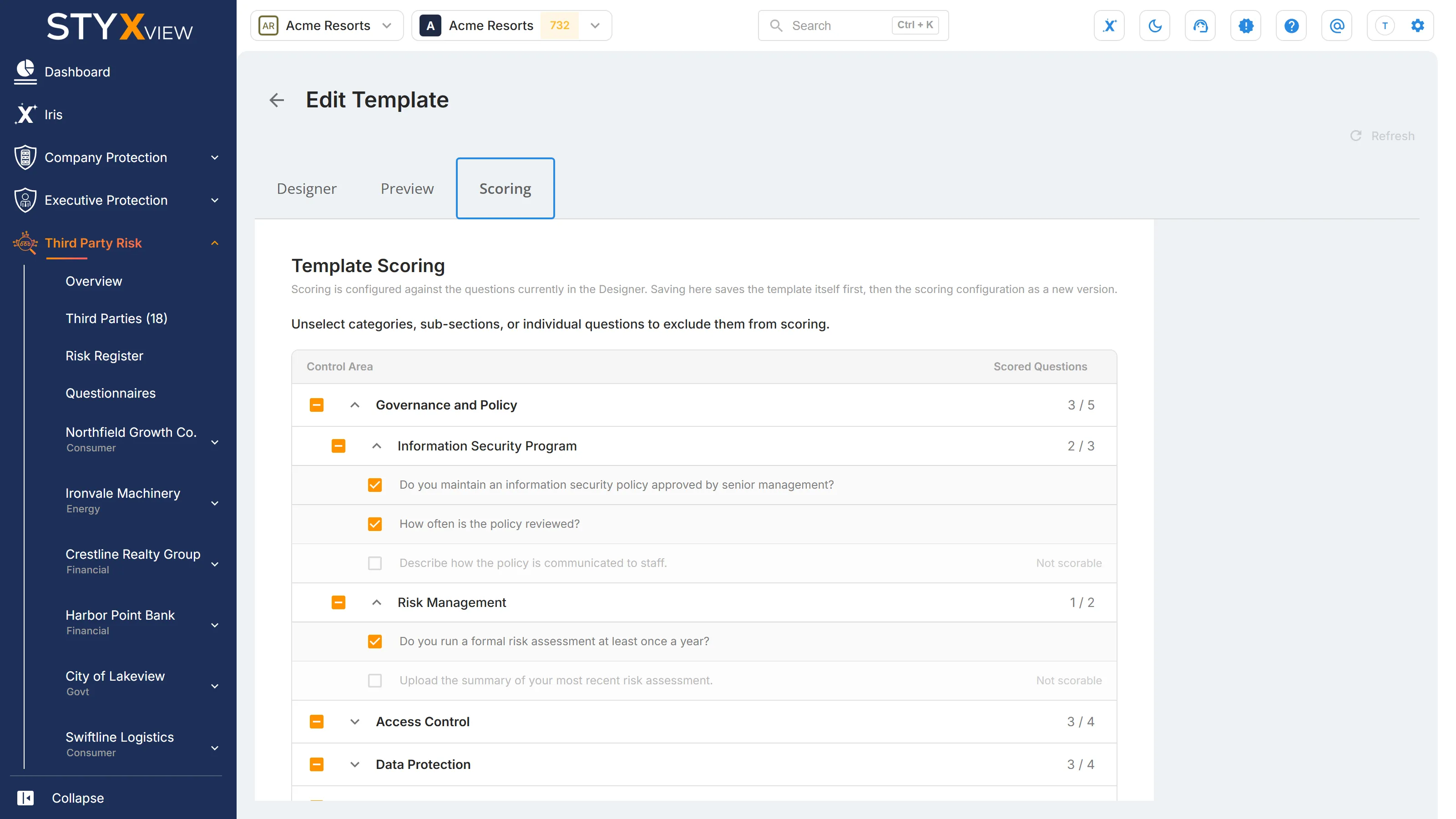 The first scoring step, with the sections, sub-sections, and questions to score, and the questions marked "Not scorable".