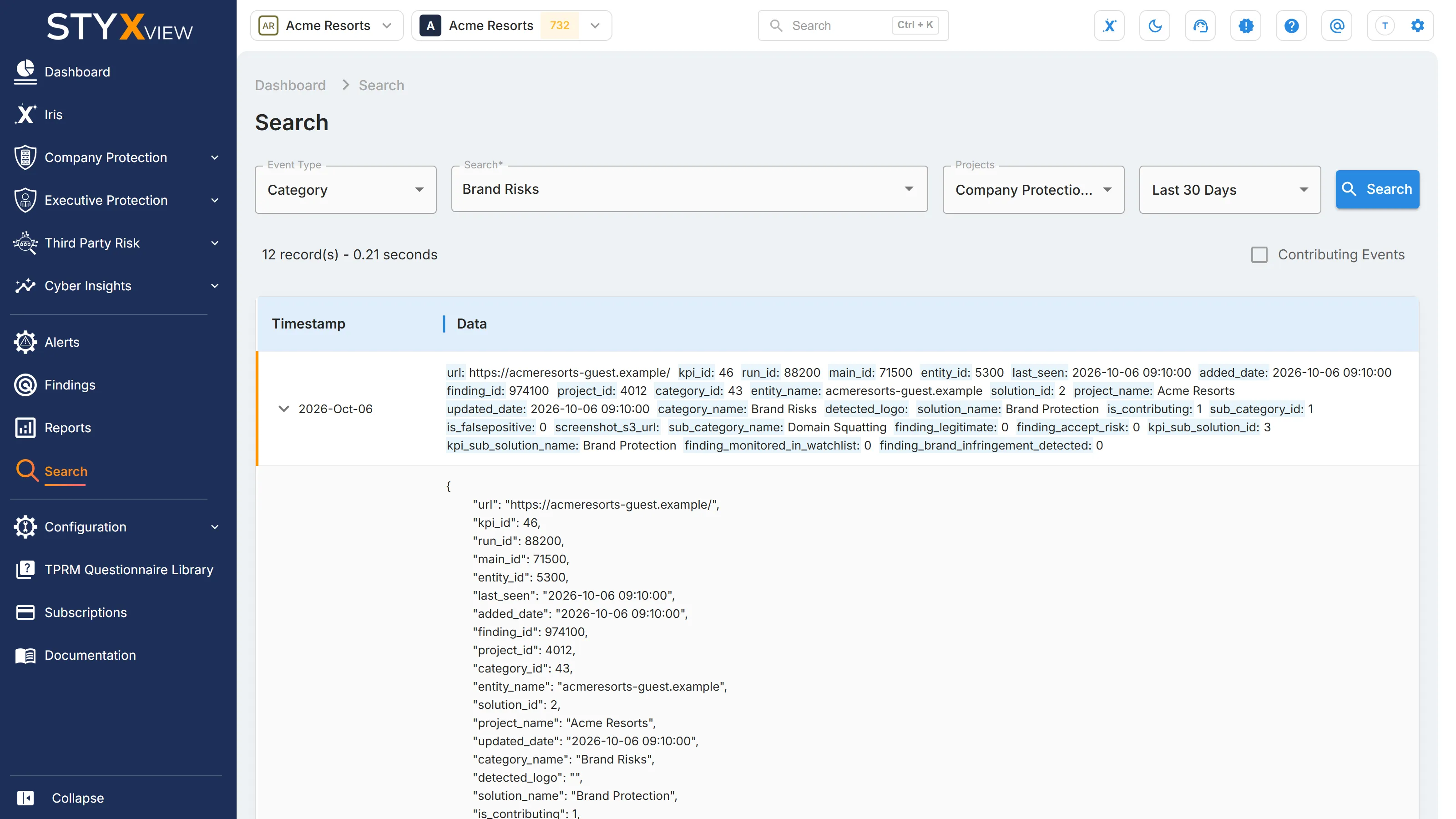 A search result opened with the arrow next to its timestamp, showing the event as formatted JSON below its summary.