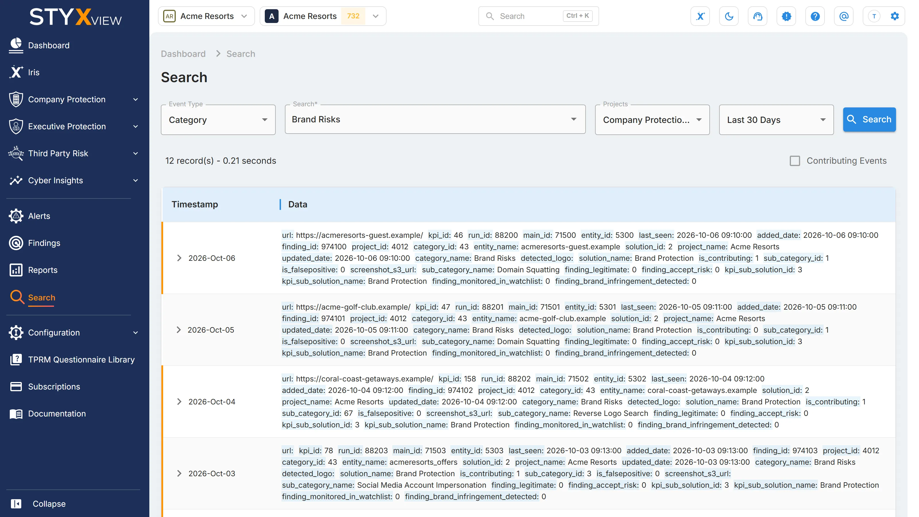 The "Search" page, with the "Event Type", "Search", and "Projects" fields above a table of matching events.