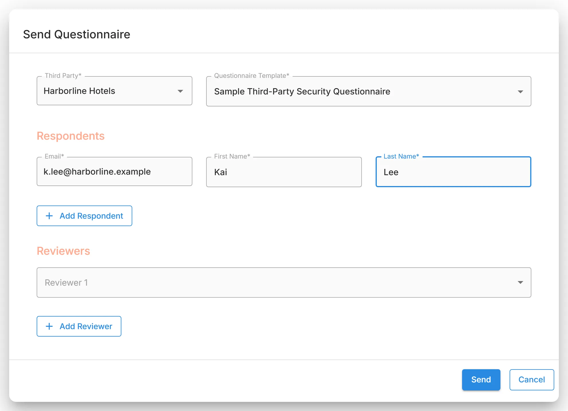 The "Send Questionnaire" dialog, with "Select the Third Party", "Select the Questionnaire Template", the "Respondents" section, and the "Reviewers" section.