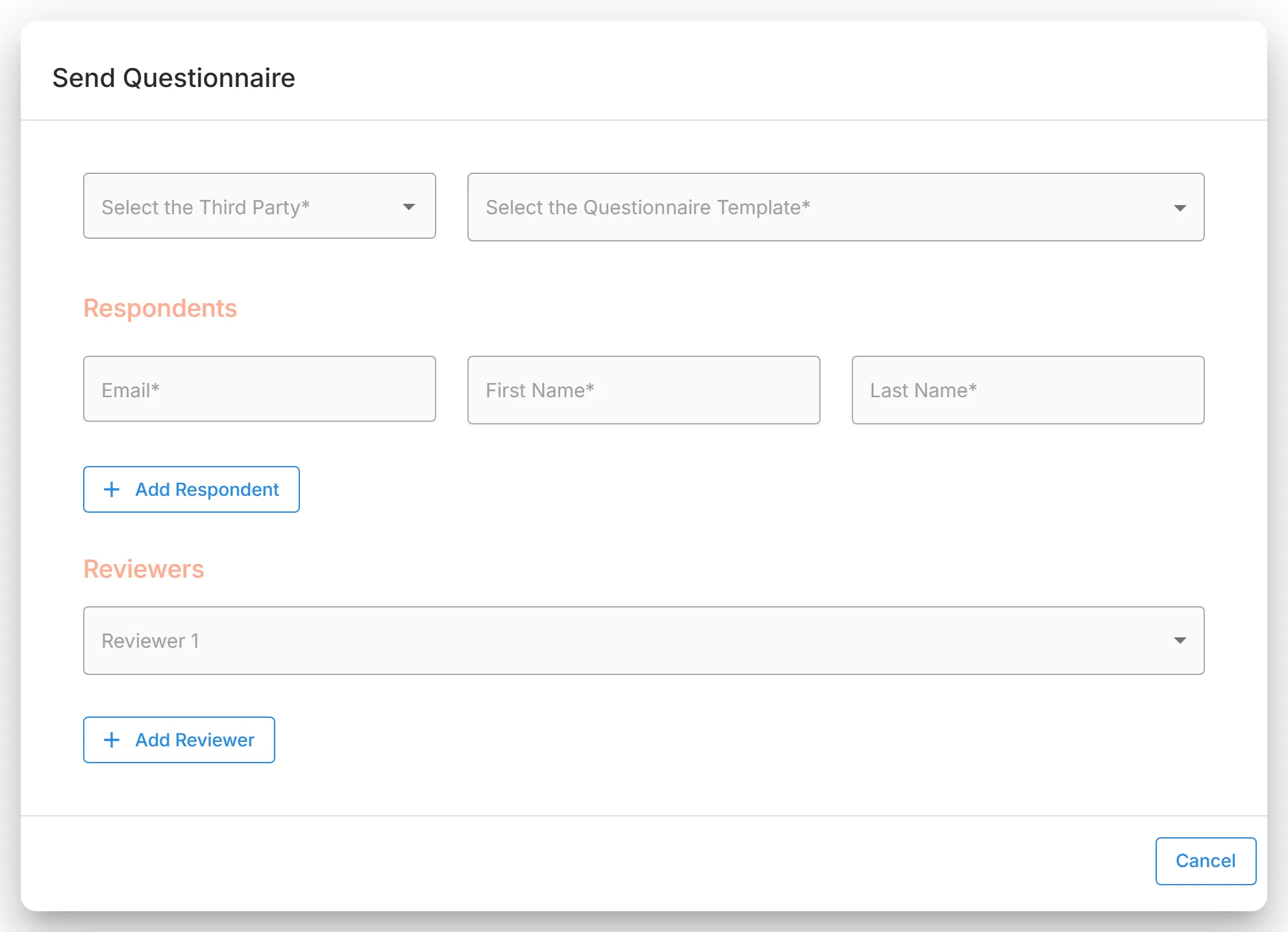 The "Send Questionnaire" dialog, with "Select the Third Party", "Select the Questionnaire Template", the "Respondents" section, and the "Reviewers" section.