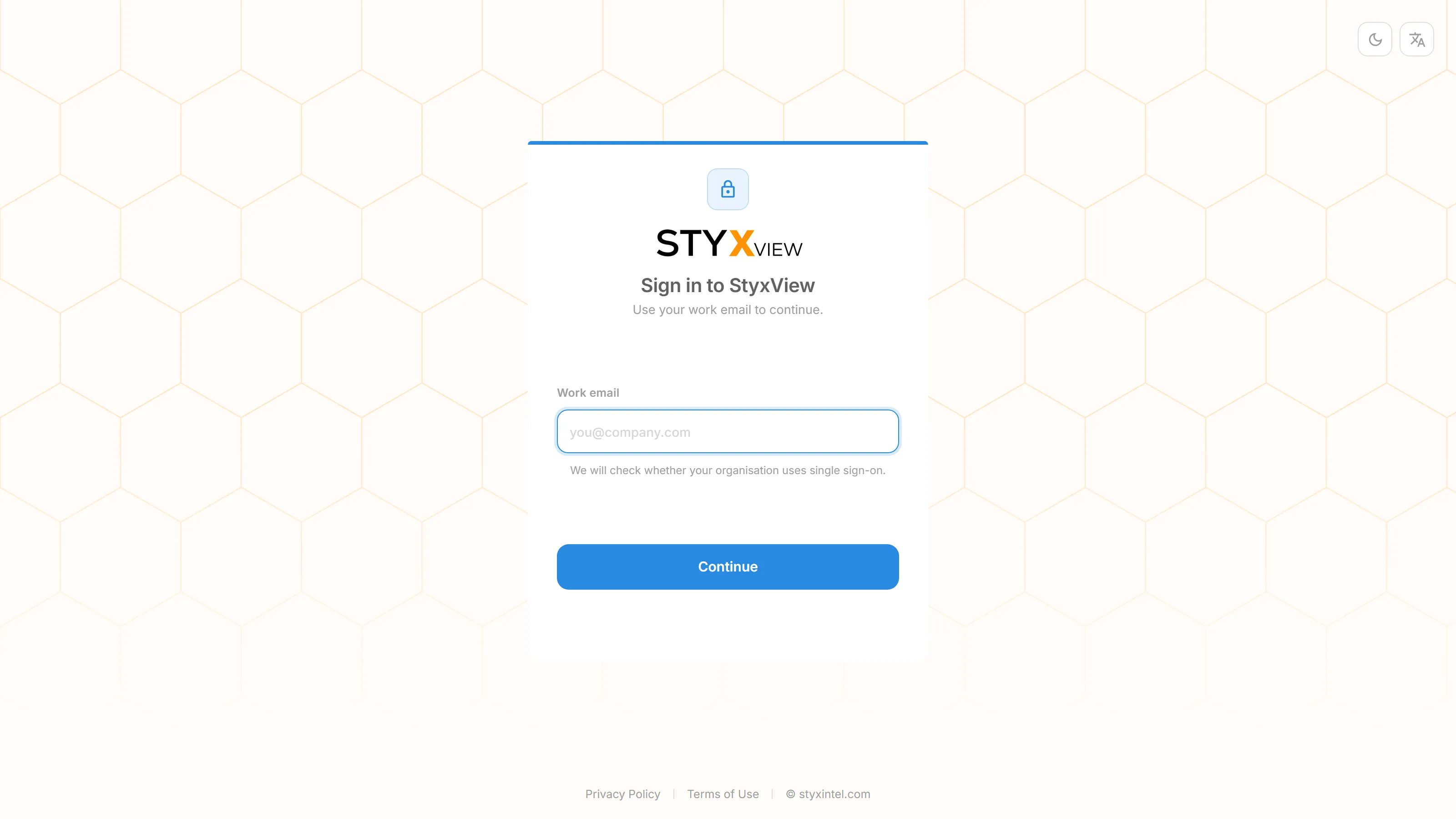 The "Sign in to StyxView" screen, with the "Work email" field, the "Continue" button, and the theme and language controls.