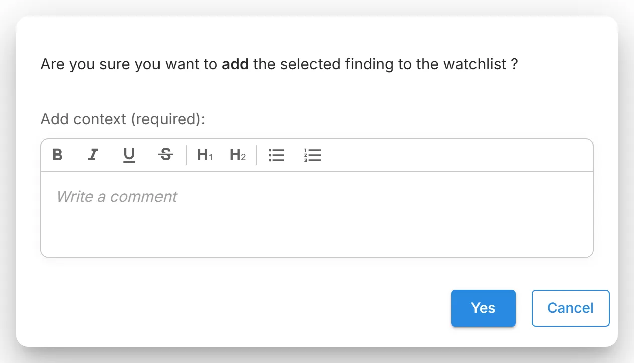 The dialog that opens from "Add to Watchlist" on a lookalike domain's finding page, with the box for context.