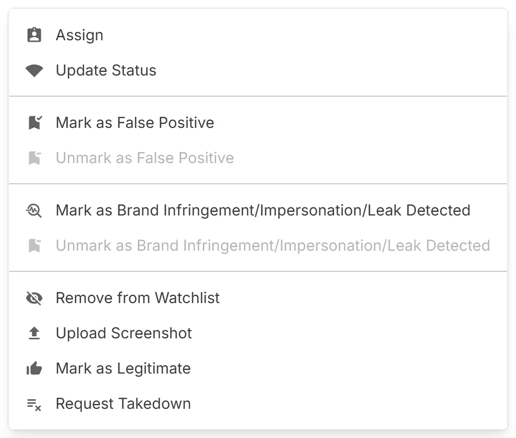 The "Actions" menu on a lookalike domain's finding page, with "Assign", "Update Status", and the marks that apply to the domain.